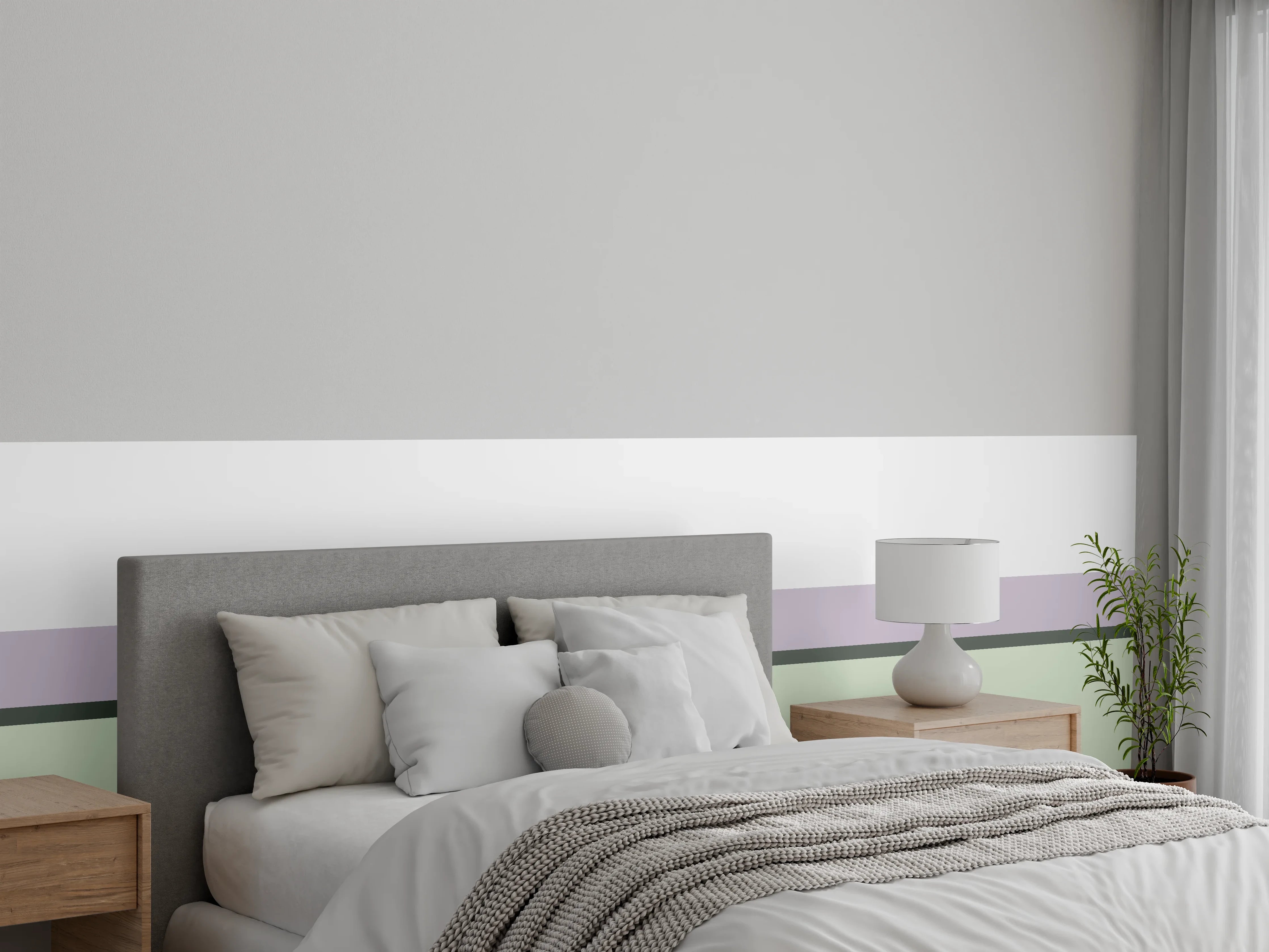 Wandverkleidung Schlafzimmer - Sanfte Linien in Weiß und Grau