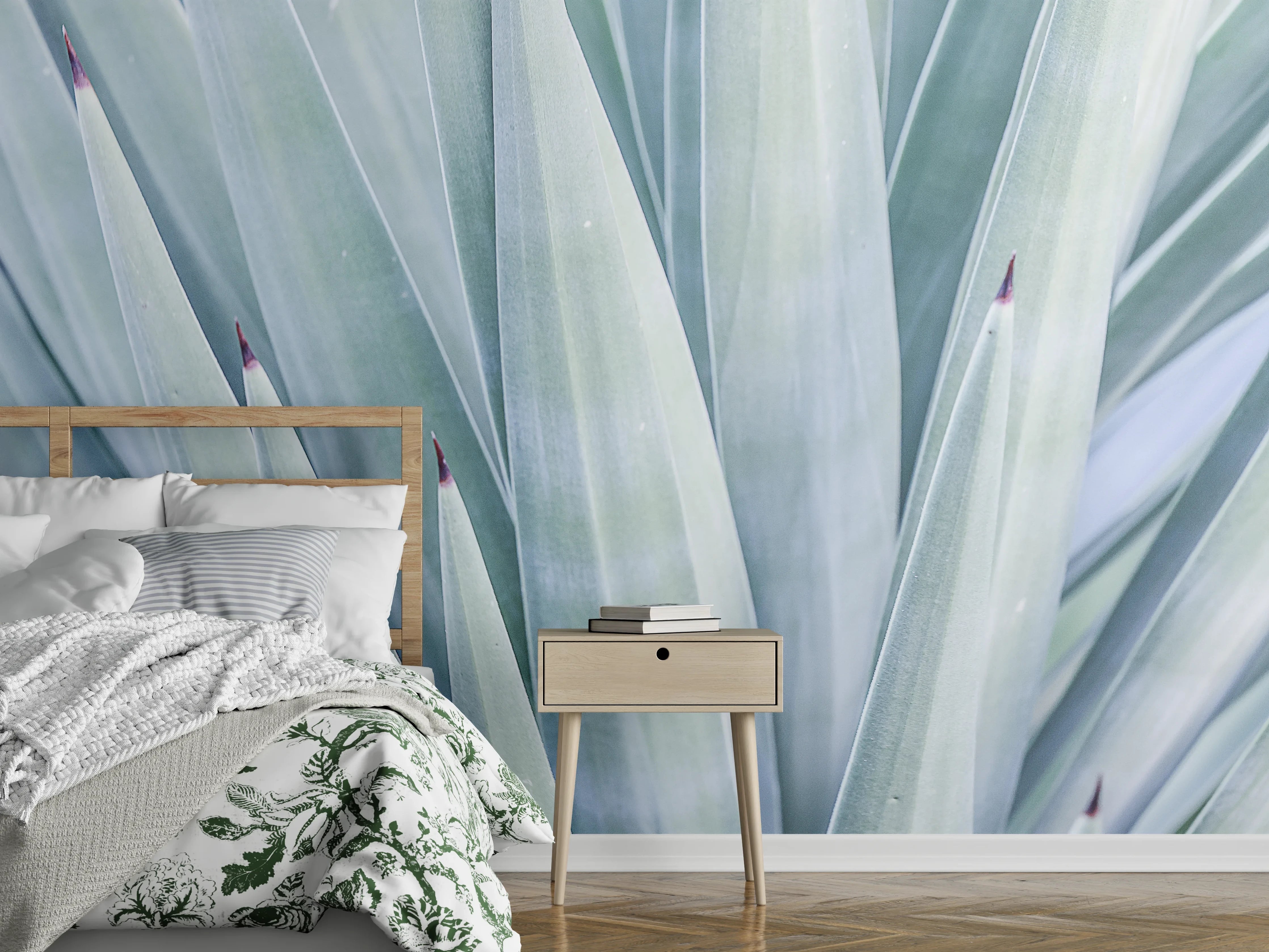 Wandverkleidung Schlafzimmer - Sanfte Pflanzentextur in Pastellweiß