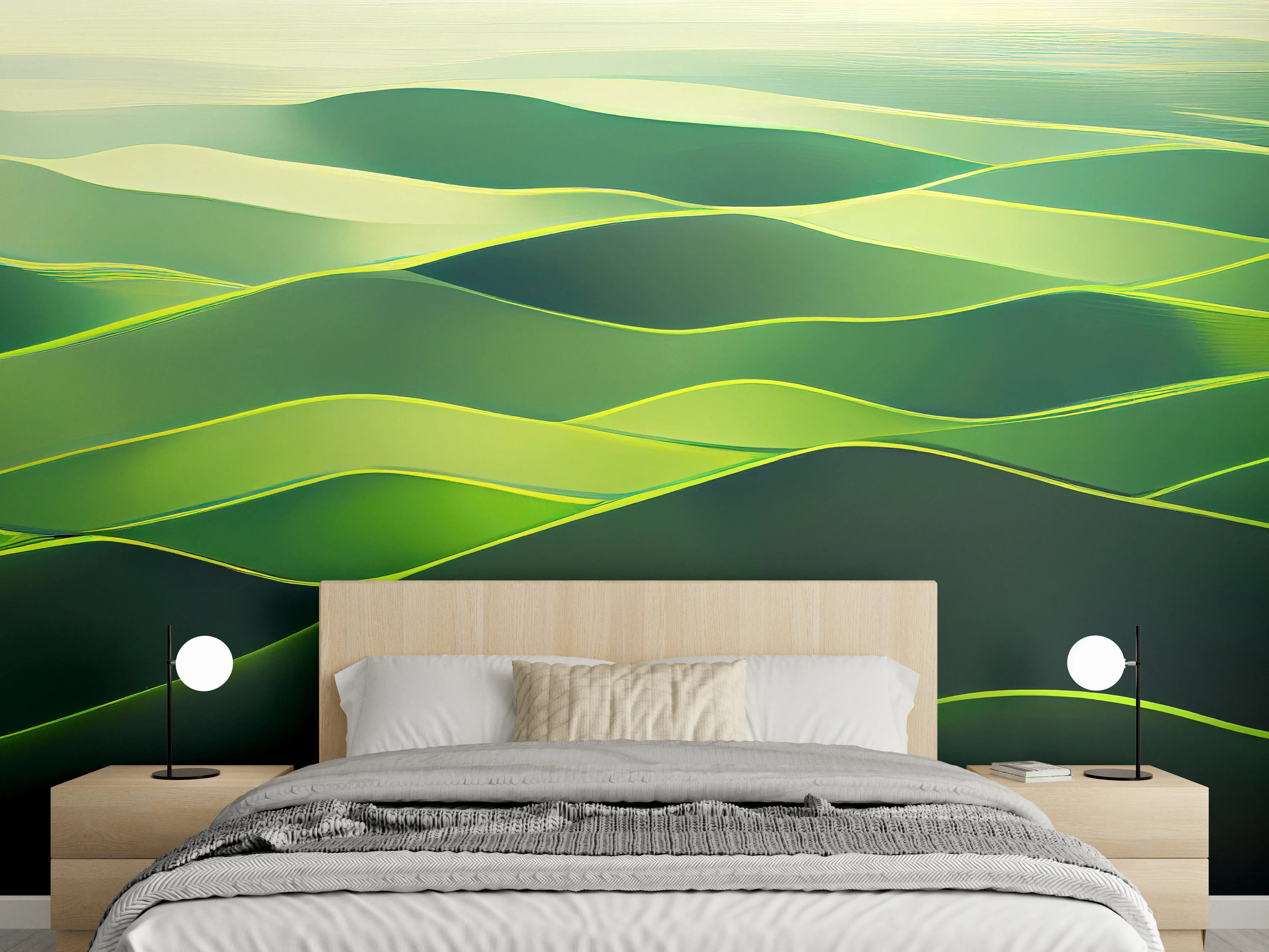 Wandverkleidung Schlafzimmer - Sanfte grüne Landschaftswellen Kunstbild