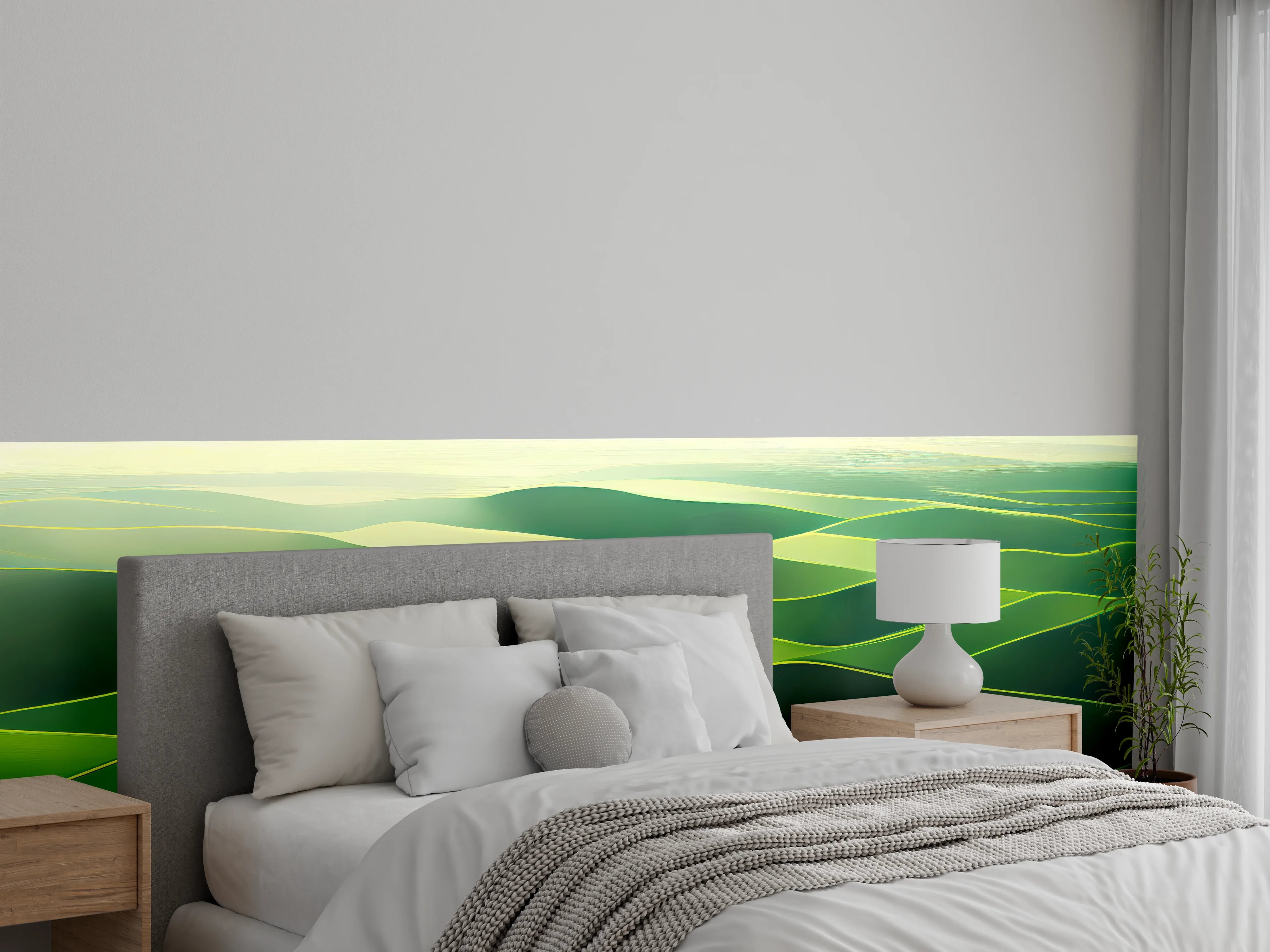 Wandverkleidung Schlafzimmer - Sanfte grüne Landschaftswellen Kunstbild