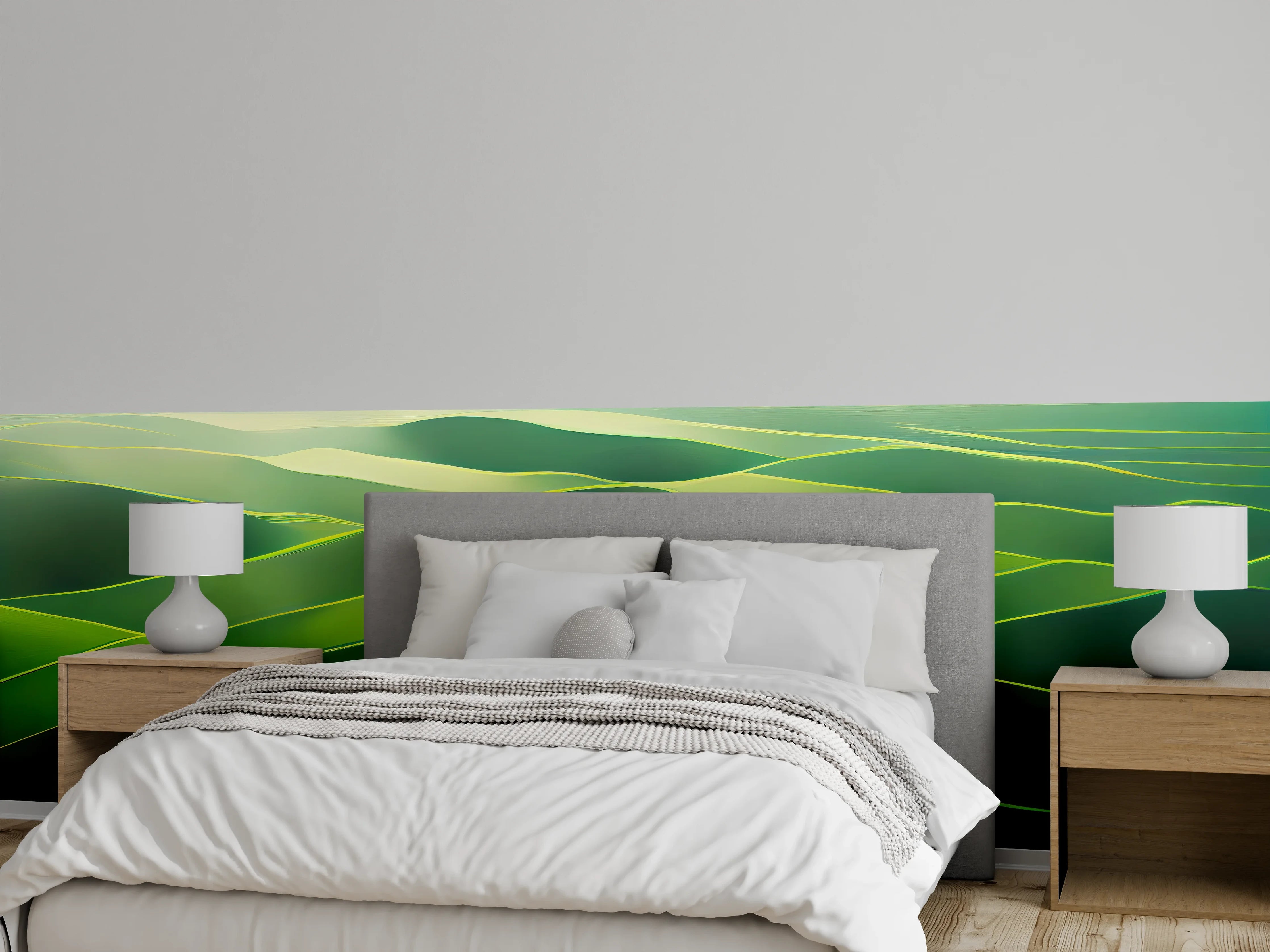 Wandverkleidung Schlafzimmer - Sanfte grüne Landschaftswellen Kunstbild