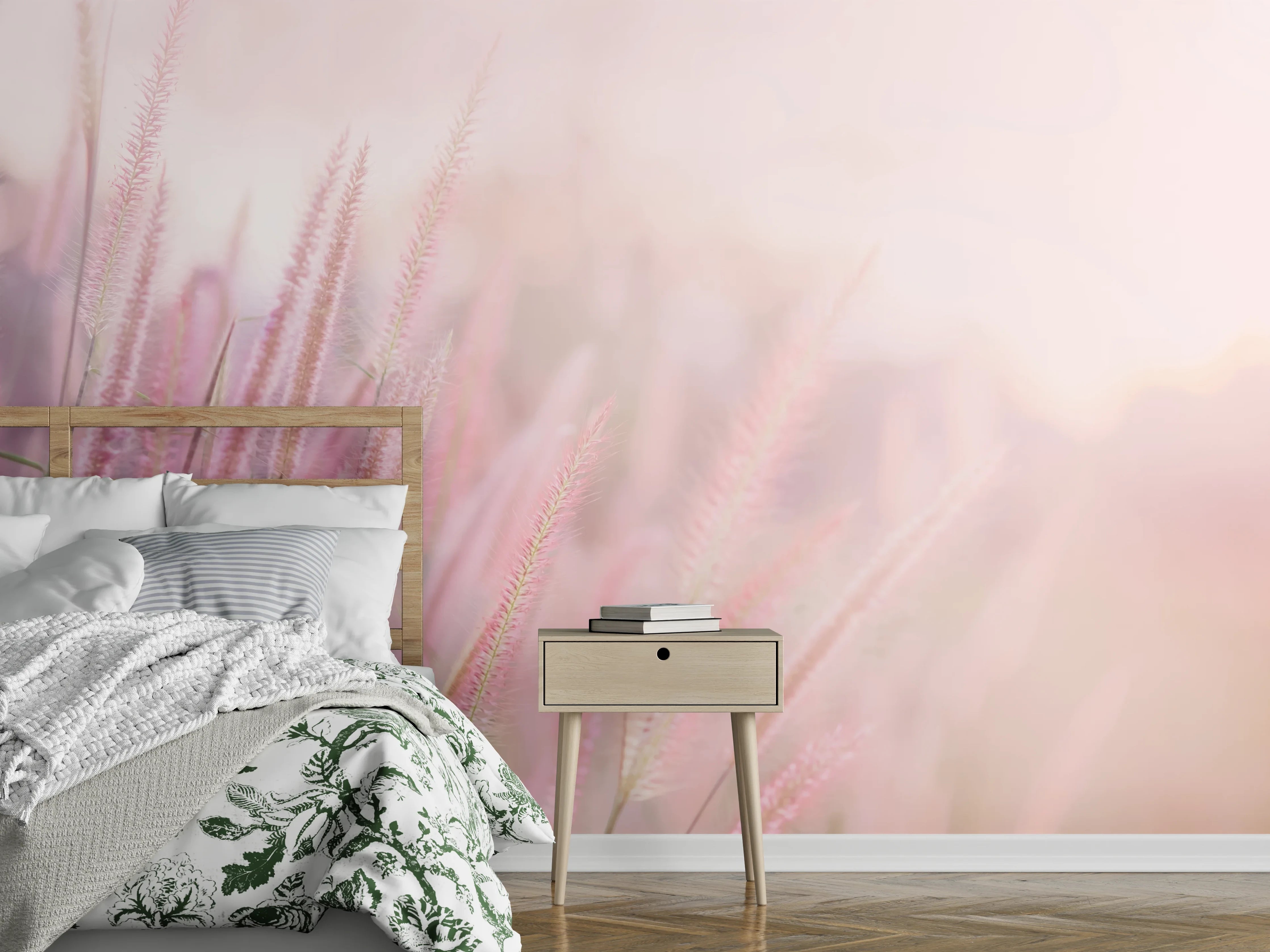 Wandverkleidung Schlafzimmer - Sanfte rosa Gräser im Sonnenlicht