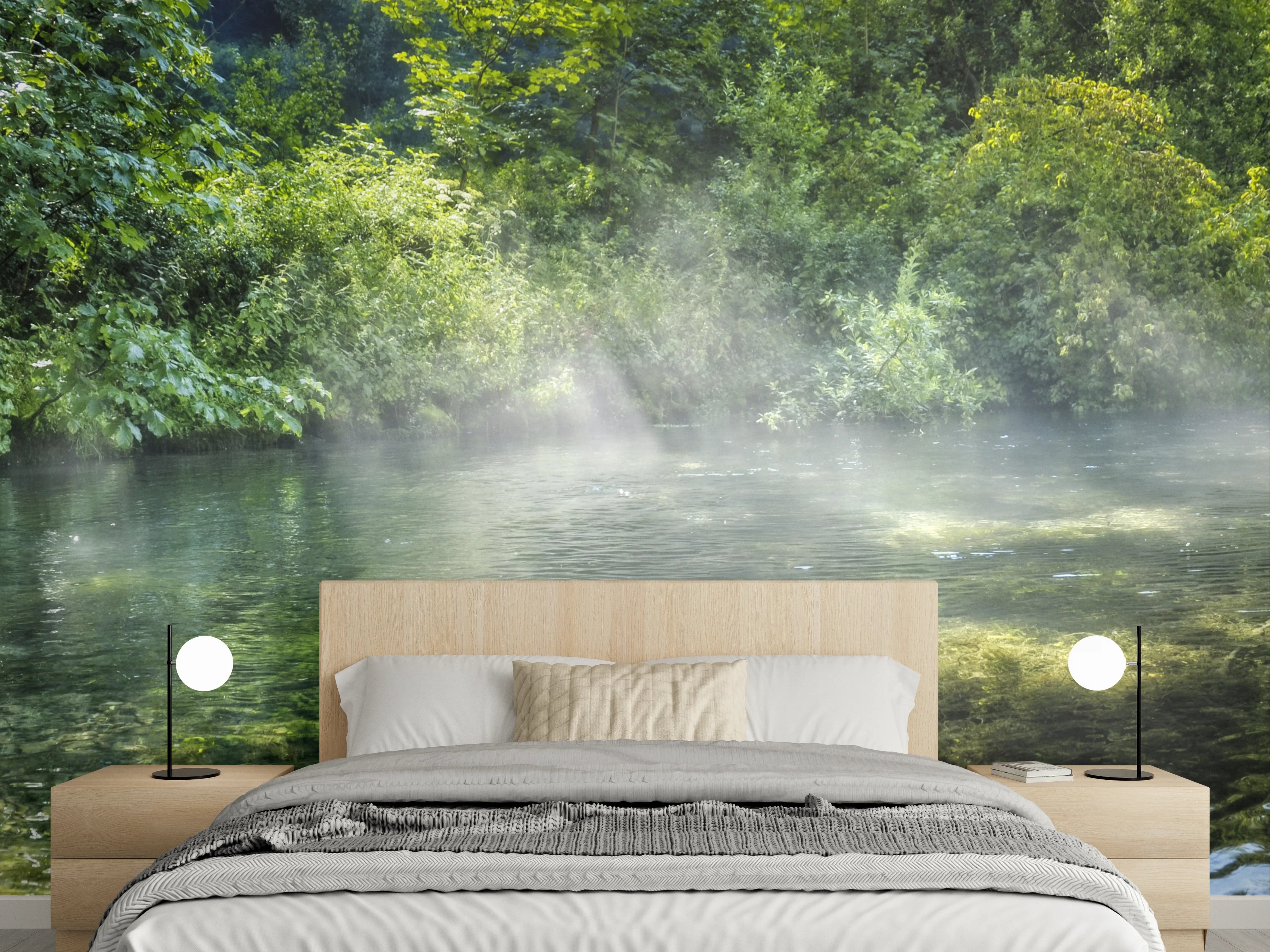 Wandverkleidung Schlafzimmer - Sanfter Fluss im Morgennebel Fotomotiv