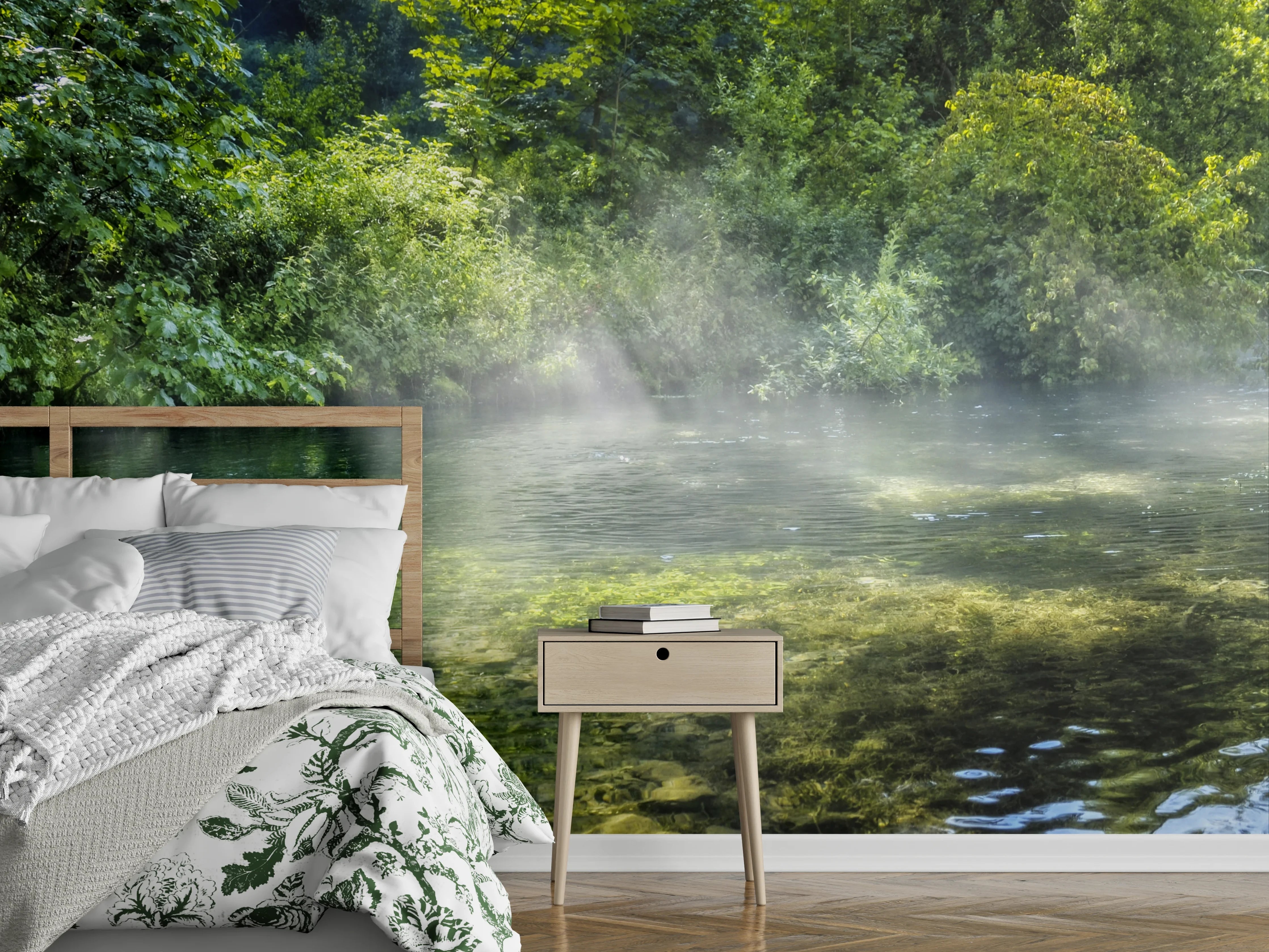 Wandverkleidung Schlafzimmer - Sanfter Fluss im Morgennebel Fotomotiv