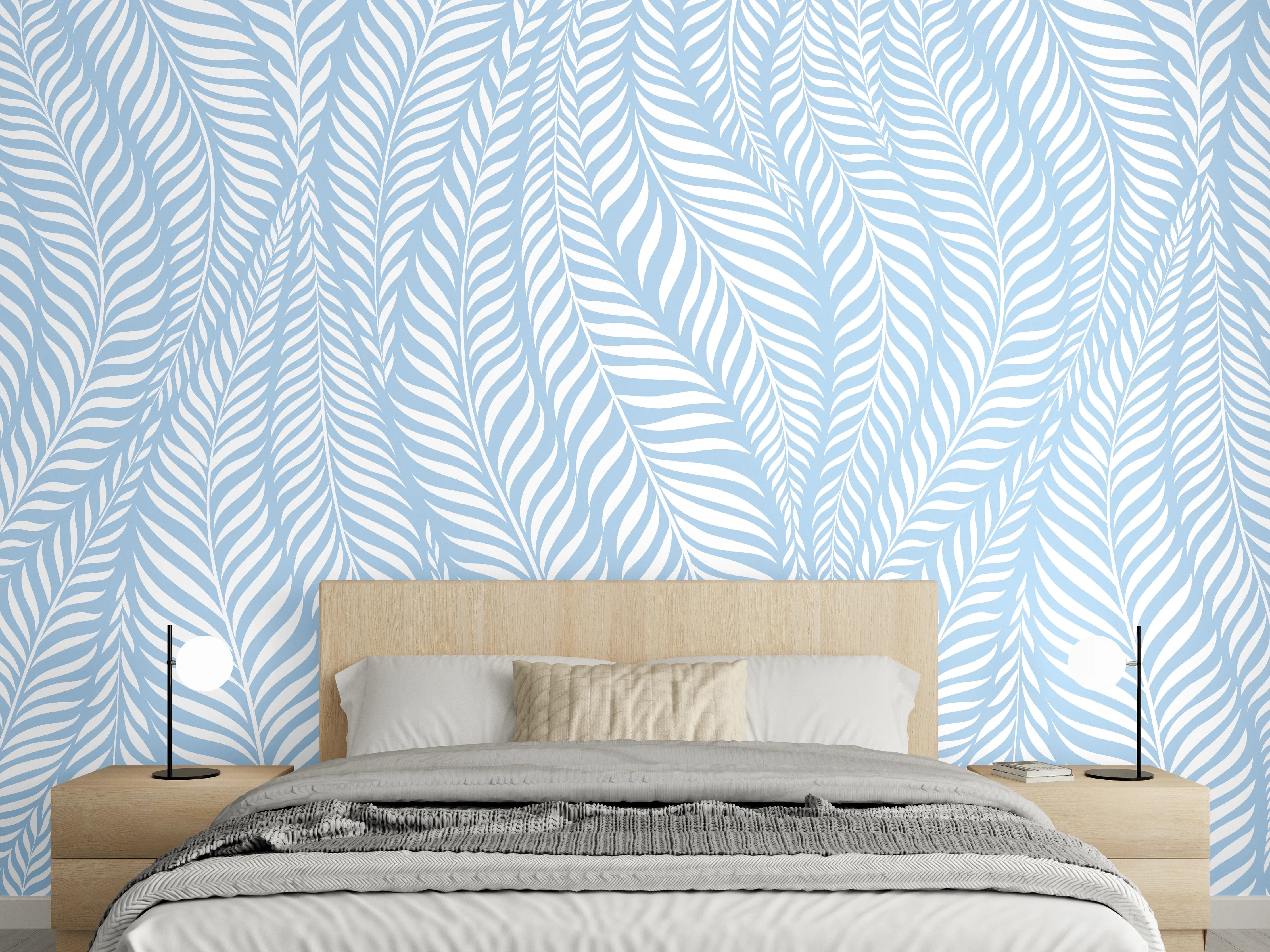 Wandverkleidung Schlafzimmer - Sanftes Blattmuster in Pastellblau