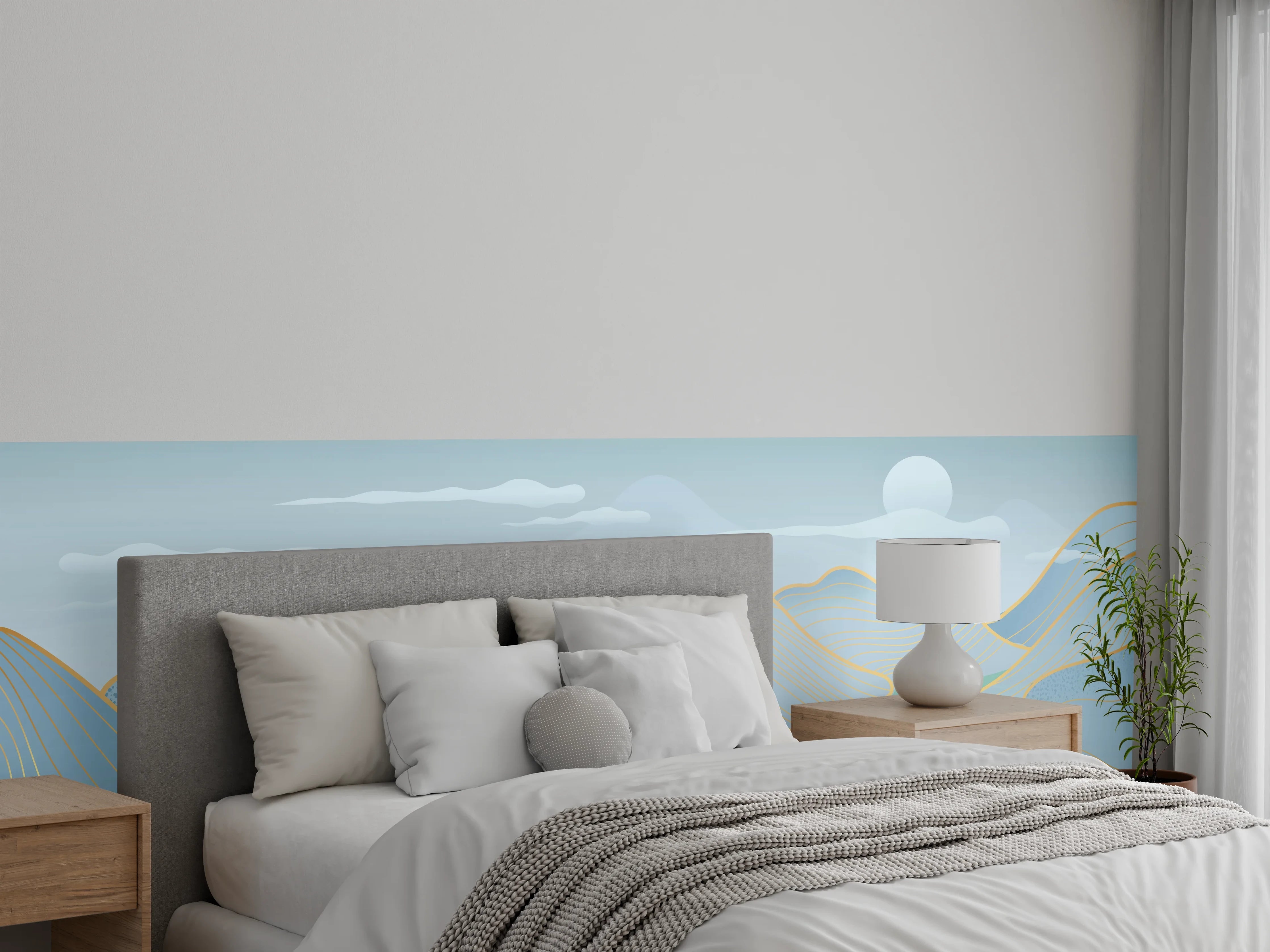 Wandverkleidung Schlafzimmer - Sanftes Blau Linien Panorama