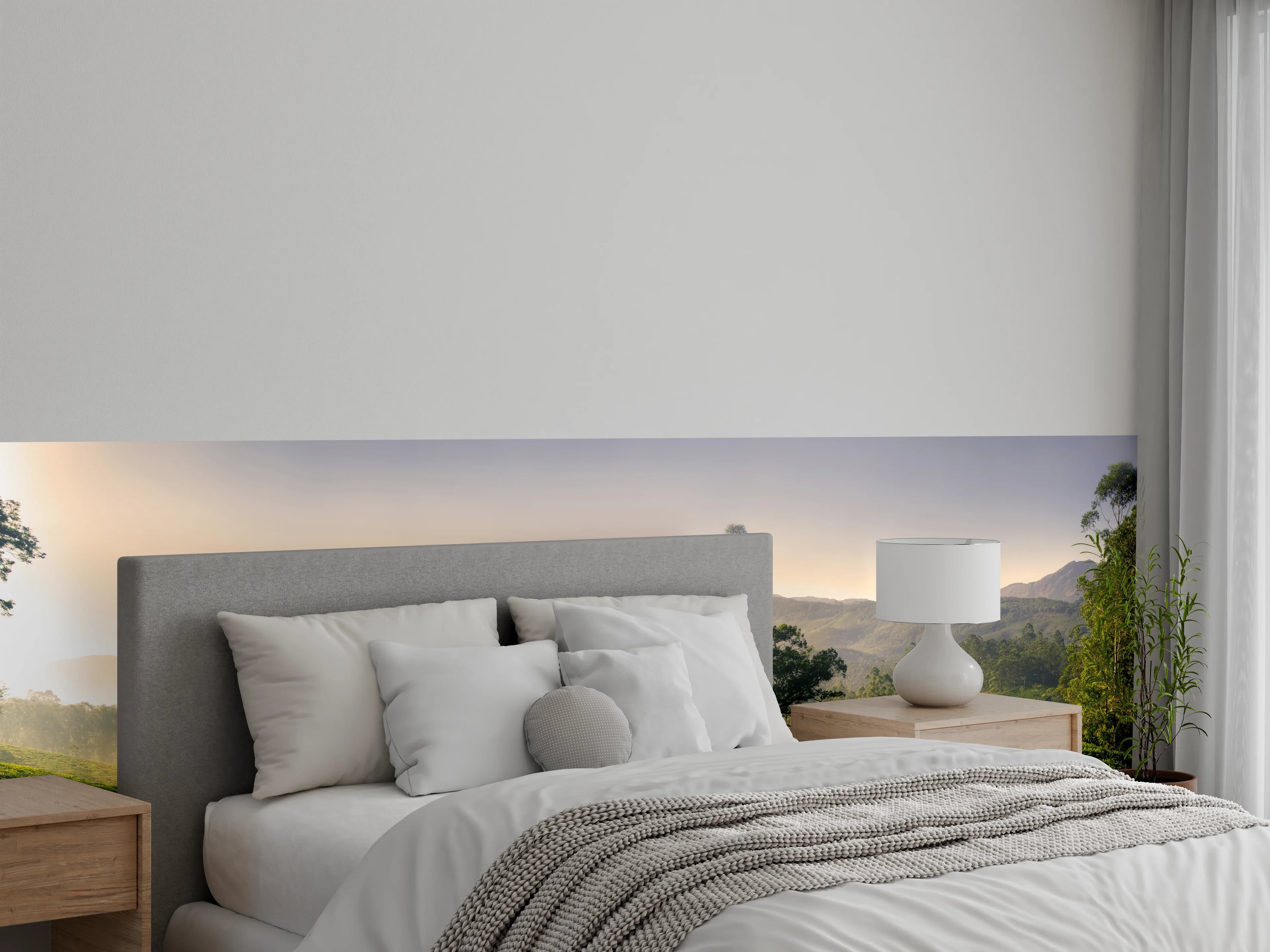 Wandverkleidung Schlafzimmer - Sanftes Morgenlicht in grüner Landschaft