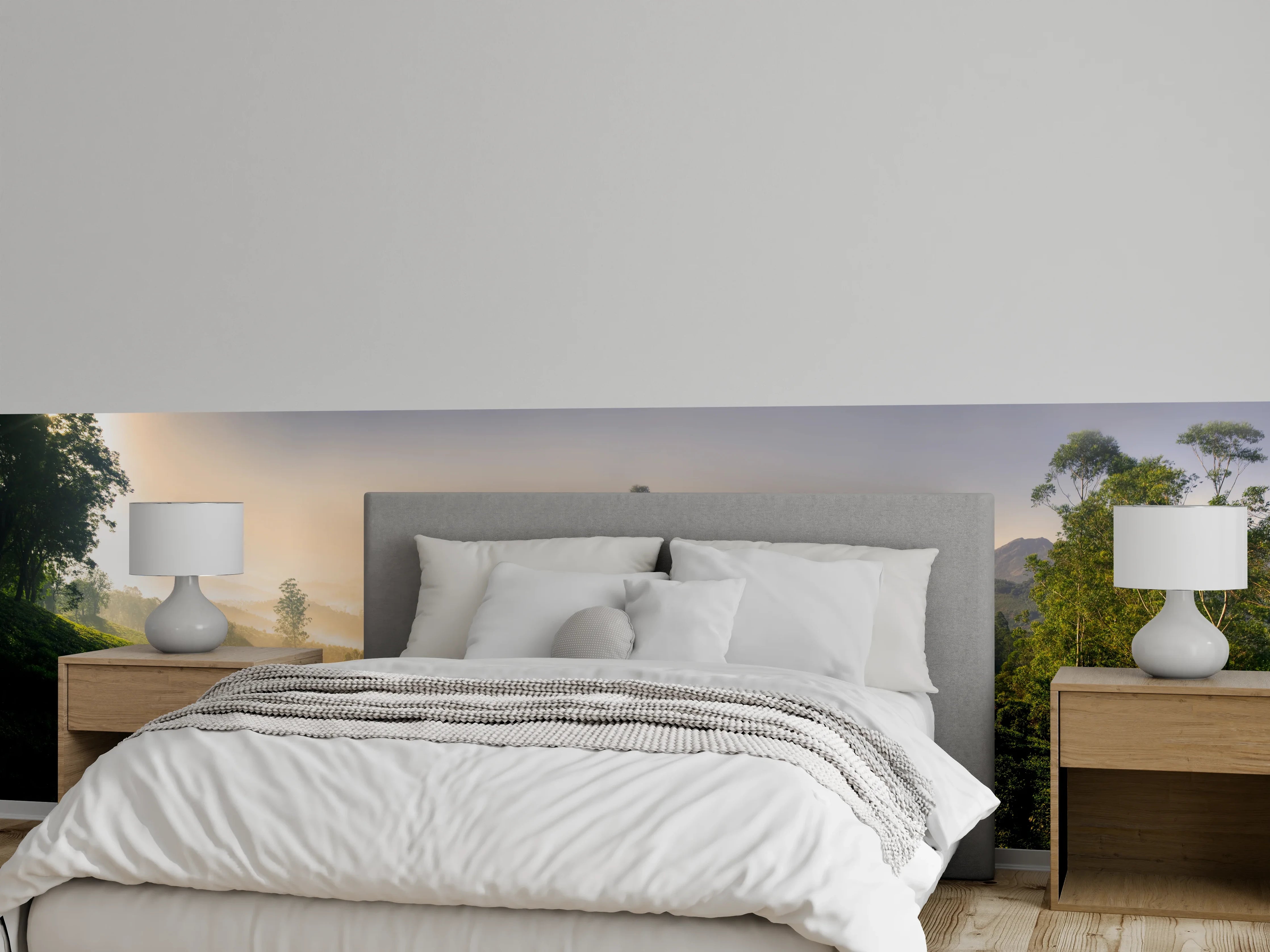 Wandverkleidung Schlafzimmer - Sanftes Morgenlicht in grüner Landschaft