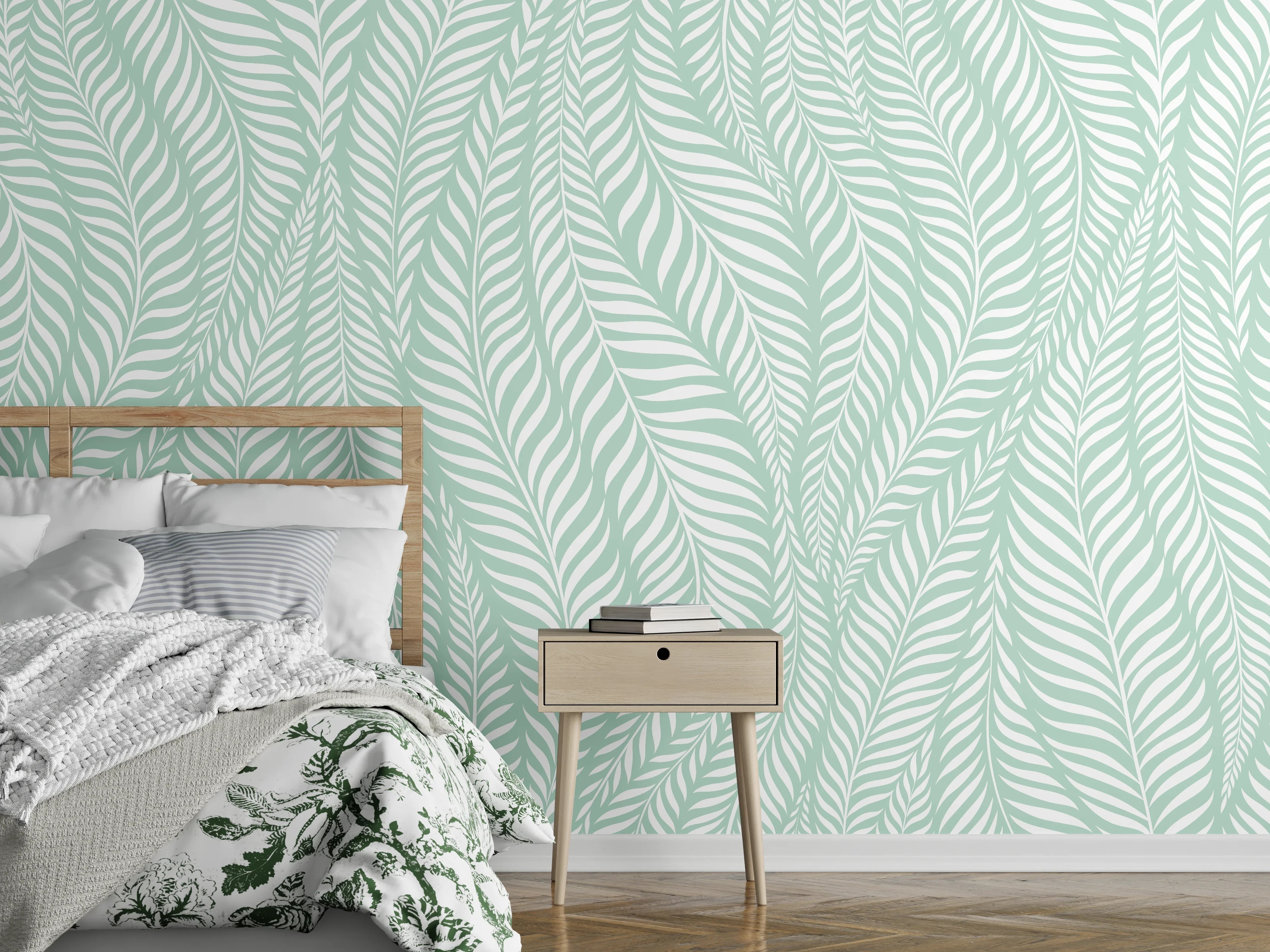 Wandverkleidung Schlafzimmer - Sanftes Palmblatt-Muster in Mintgrün