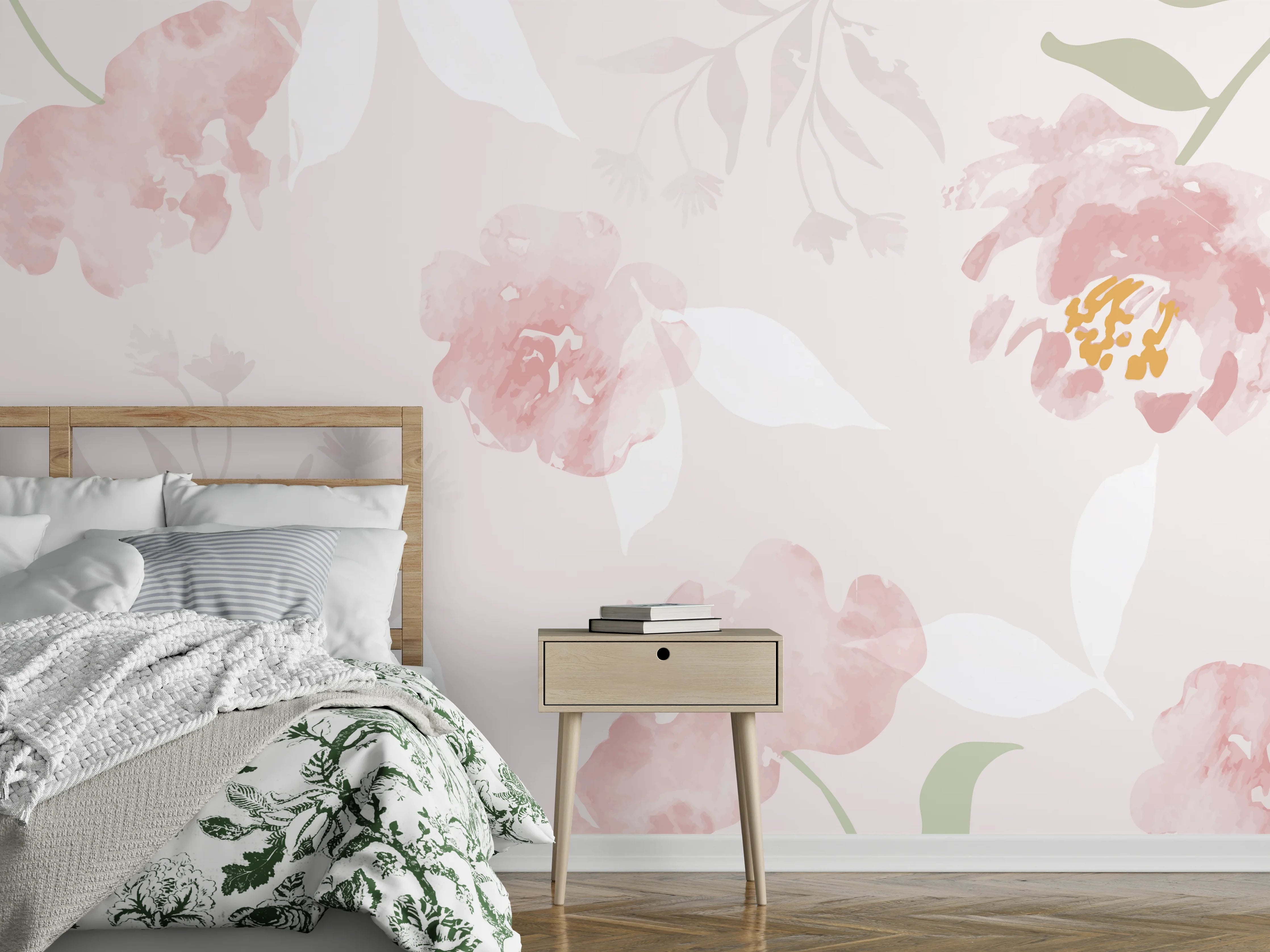 Wandverkleidung Schlafzimmer - Sanftes Rosa Blumenmuster Design