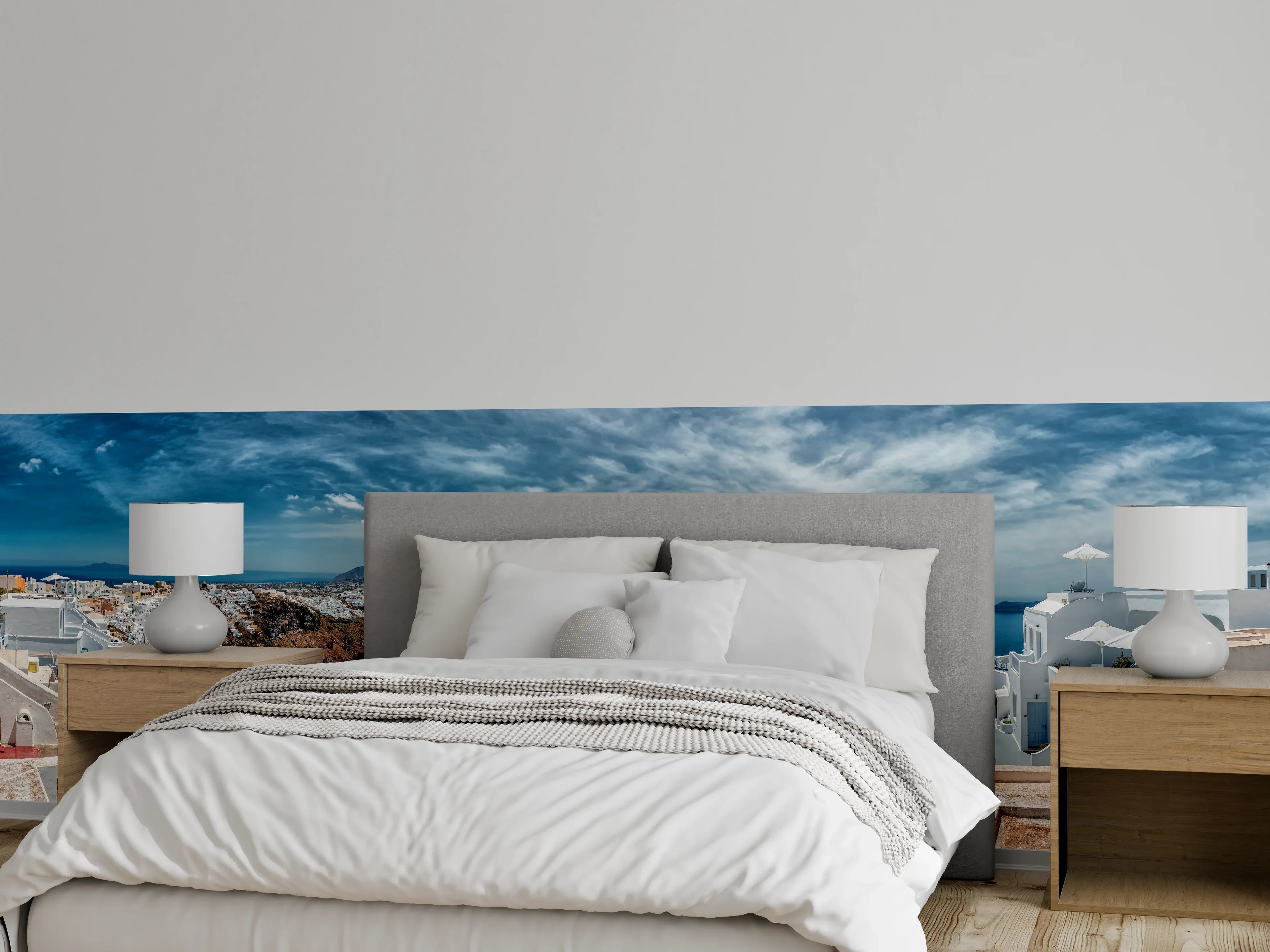Wandverkleidung Schlafzimmer - Santorini Blau-Weiß Panoramablick
