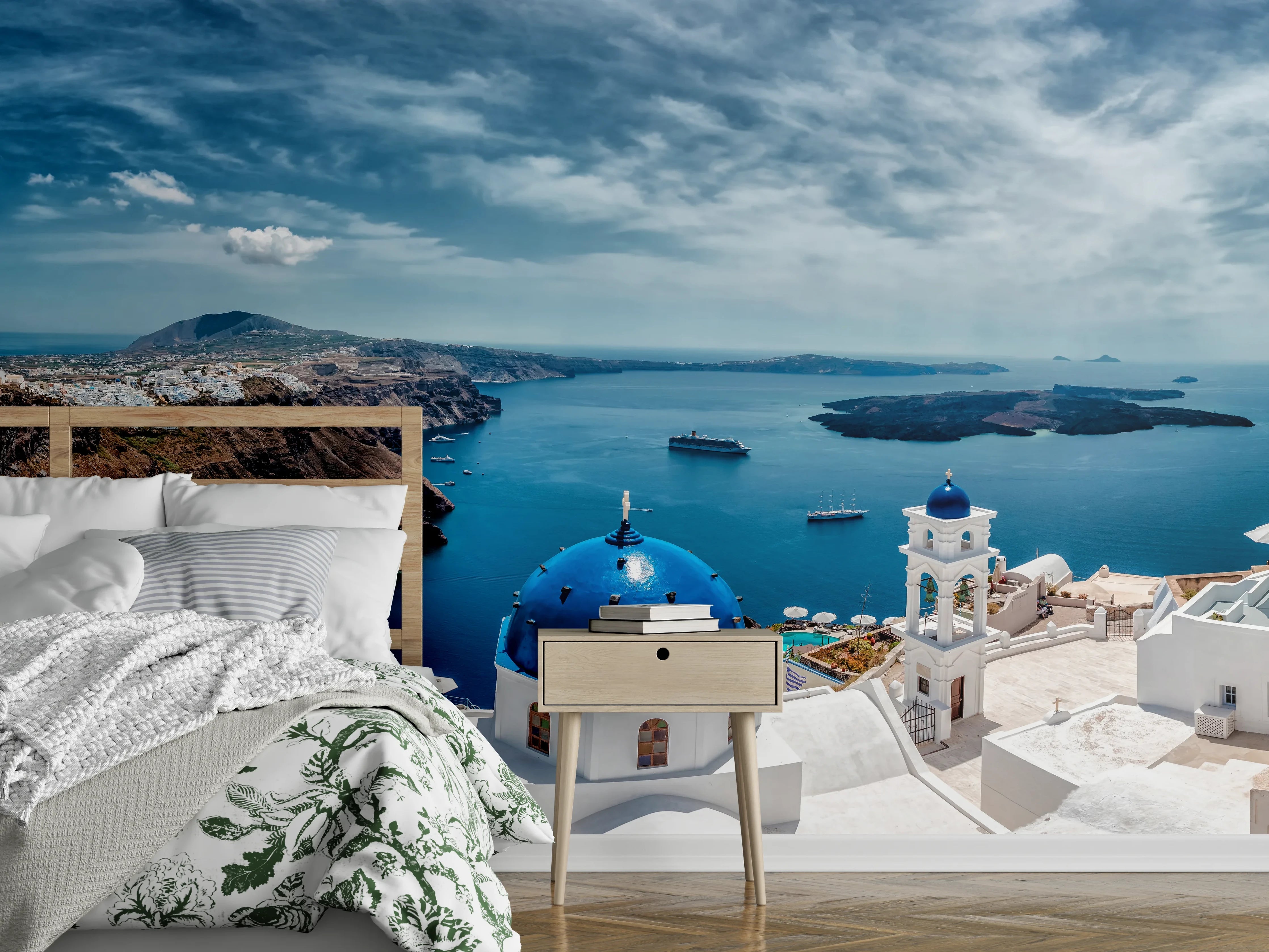 Wandverkleidung Schlafzimmer - Santorini Blau-Weiß Panoramablick