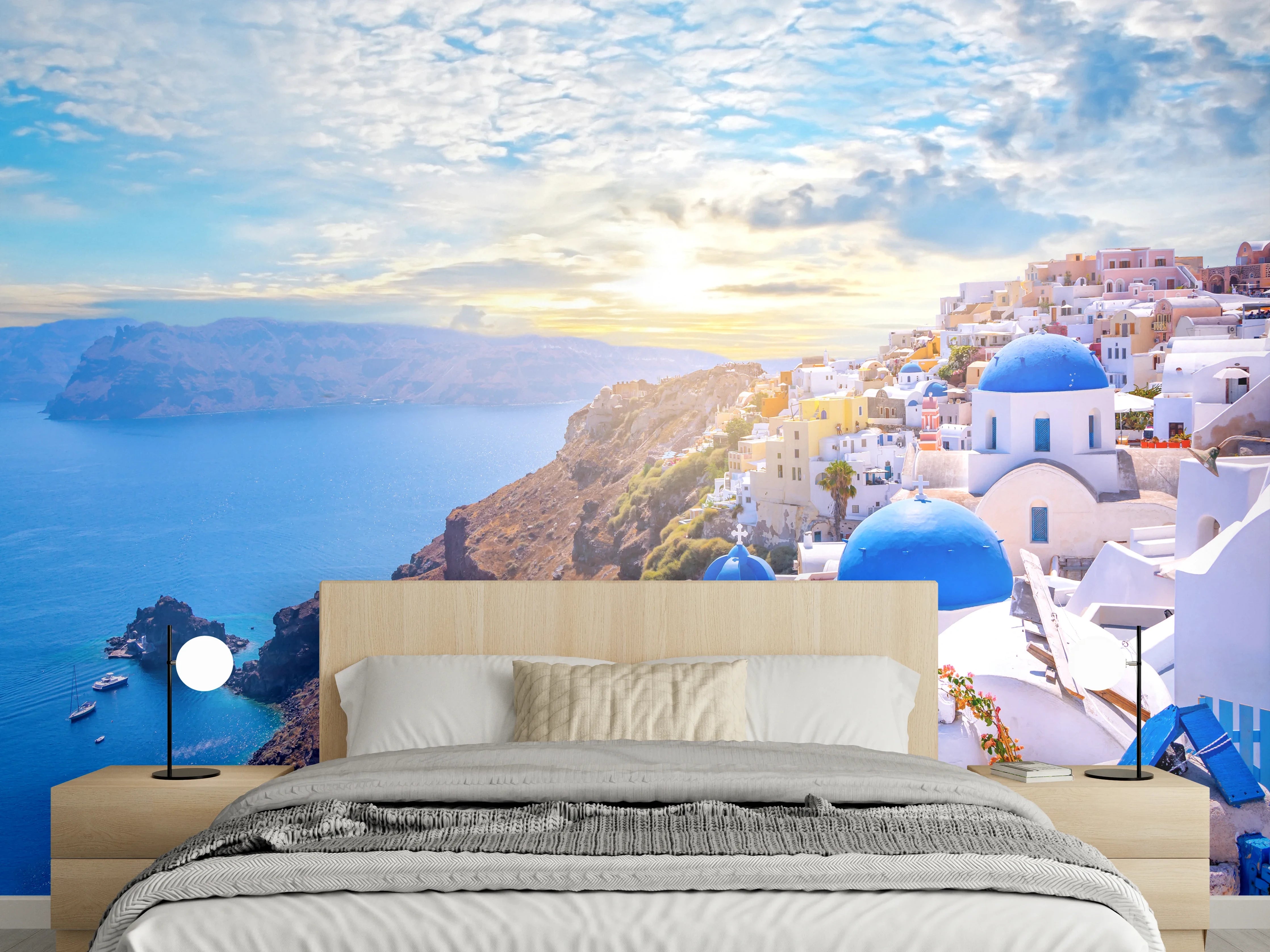 Wandverkleidung Schlafzimmer - Santorini Panorama: Griechischer Inseltraum