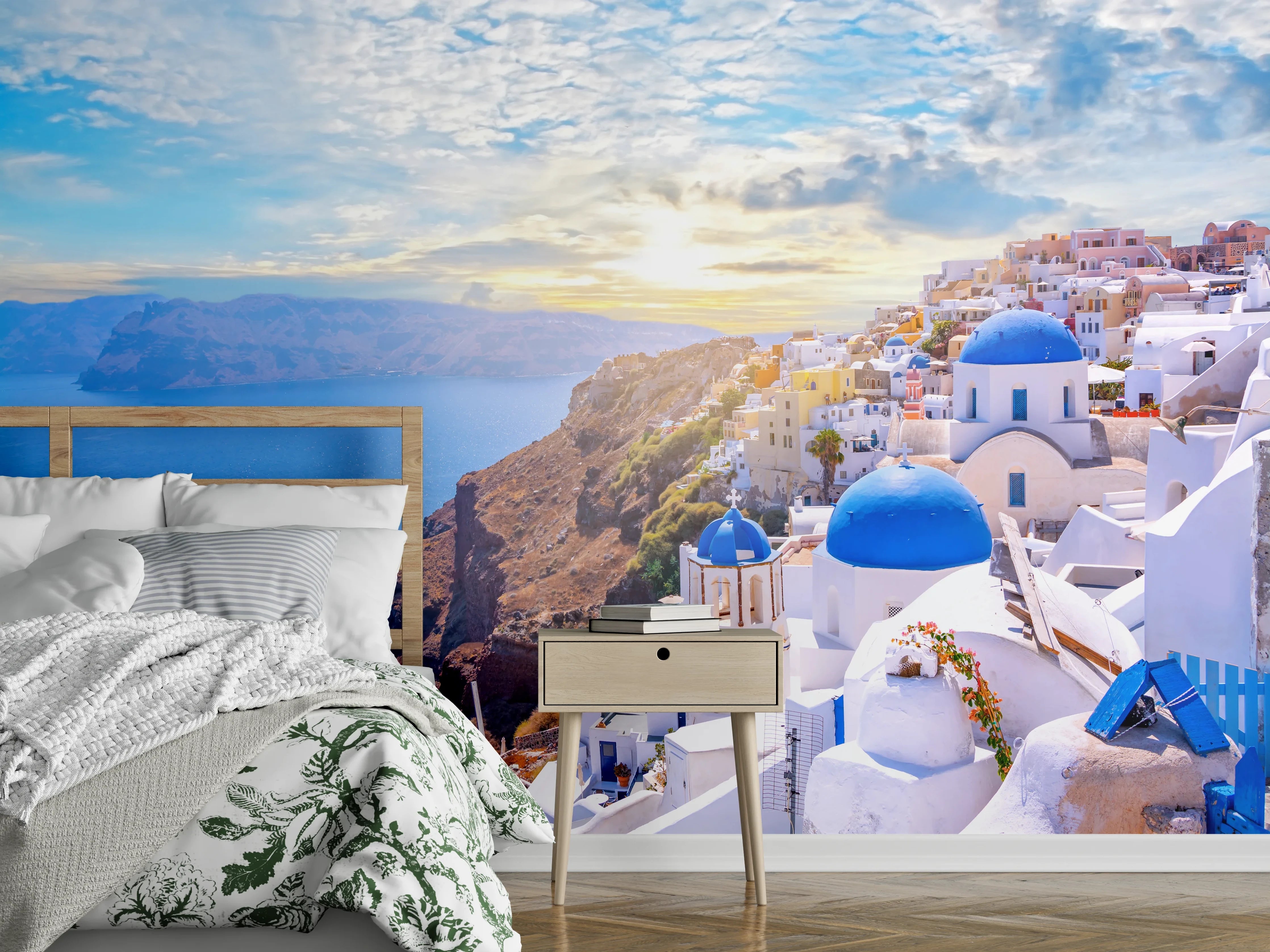 Wandverkleidung Schlafzimmer - Santorini Panorama: Griechischer Inseltraum