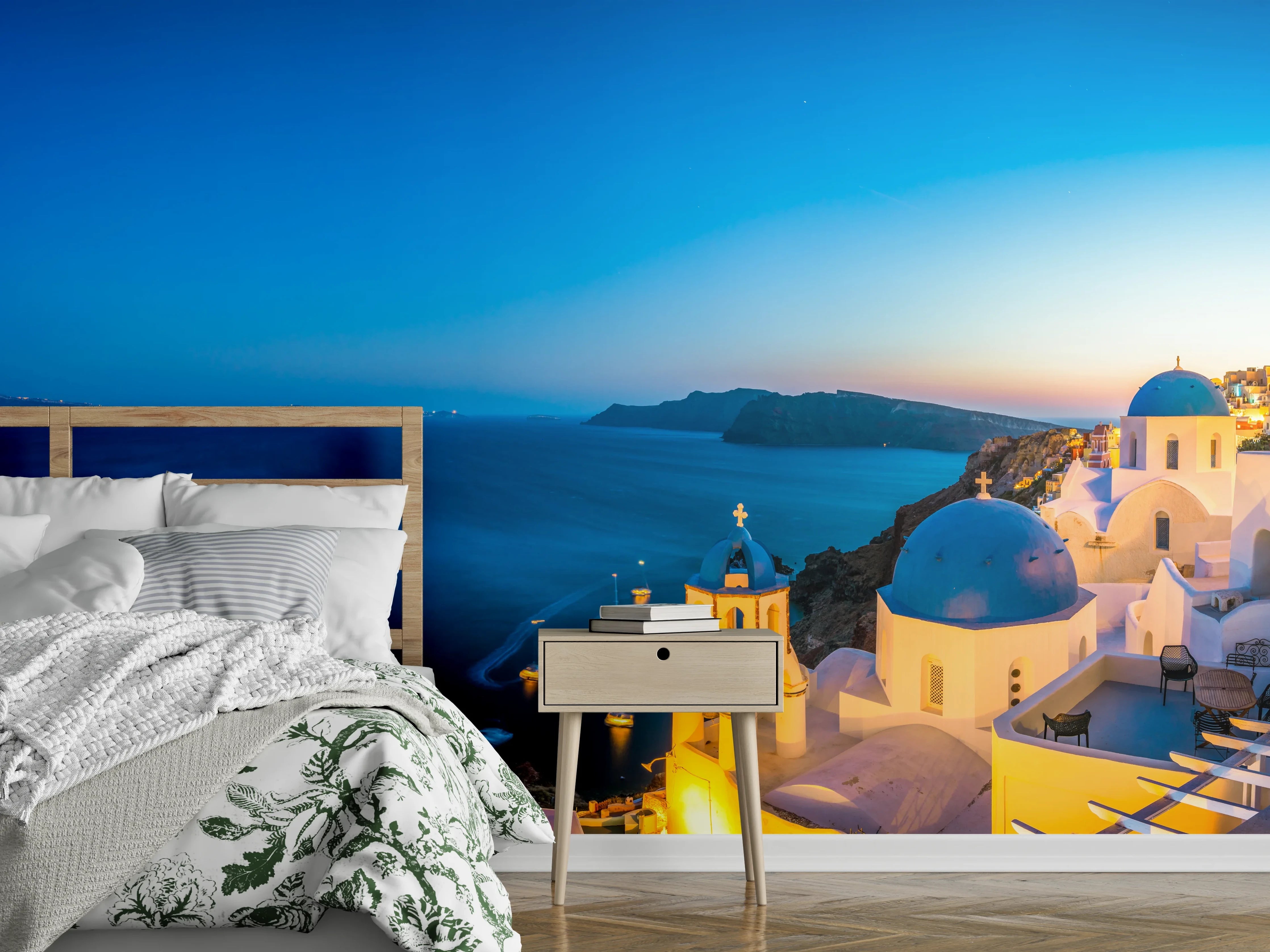 Wandverkleidung Schlafzimmer - Santorini Panorama: Sonnenuntergang & Meerblick