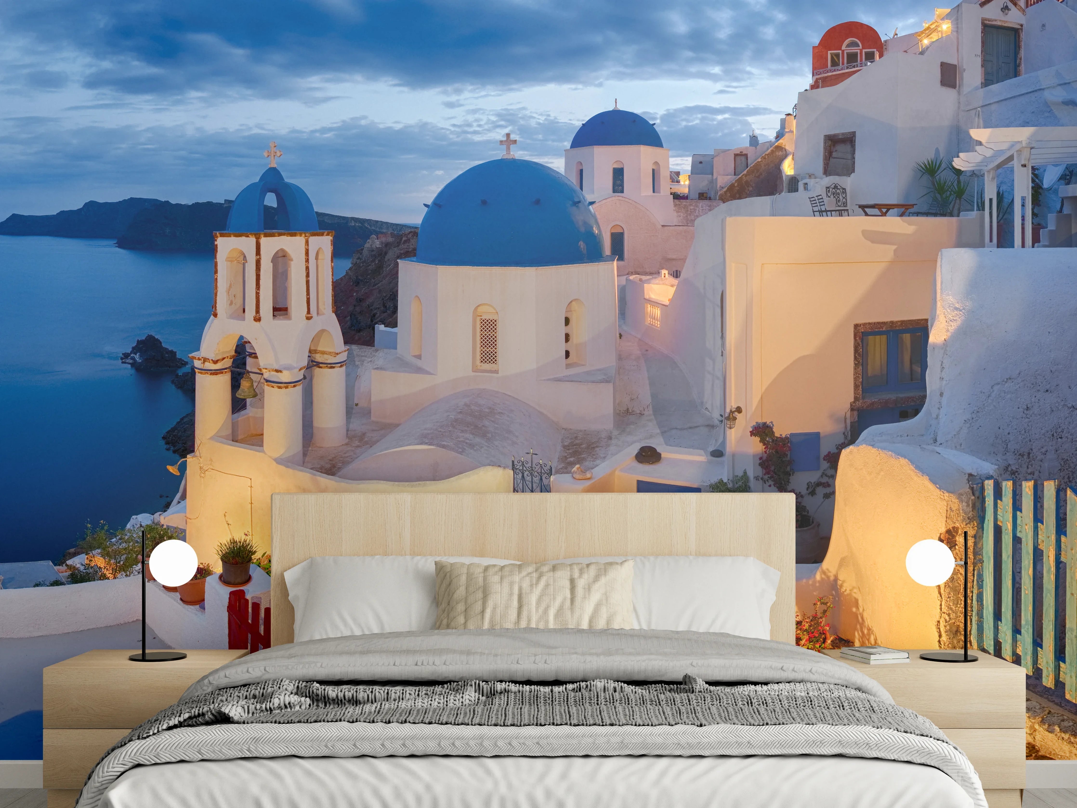 Wandverkleidung Schlafzimmer - Santorini Skyline in Blau und Weiß