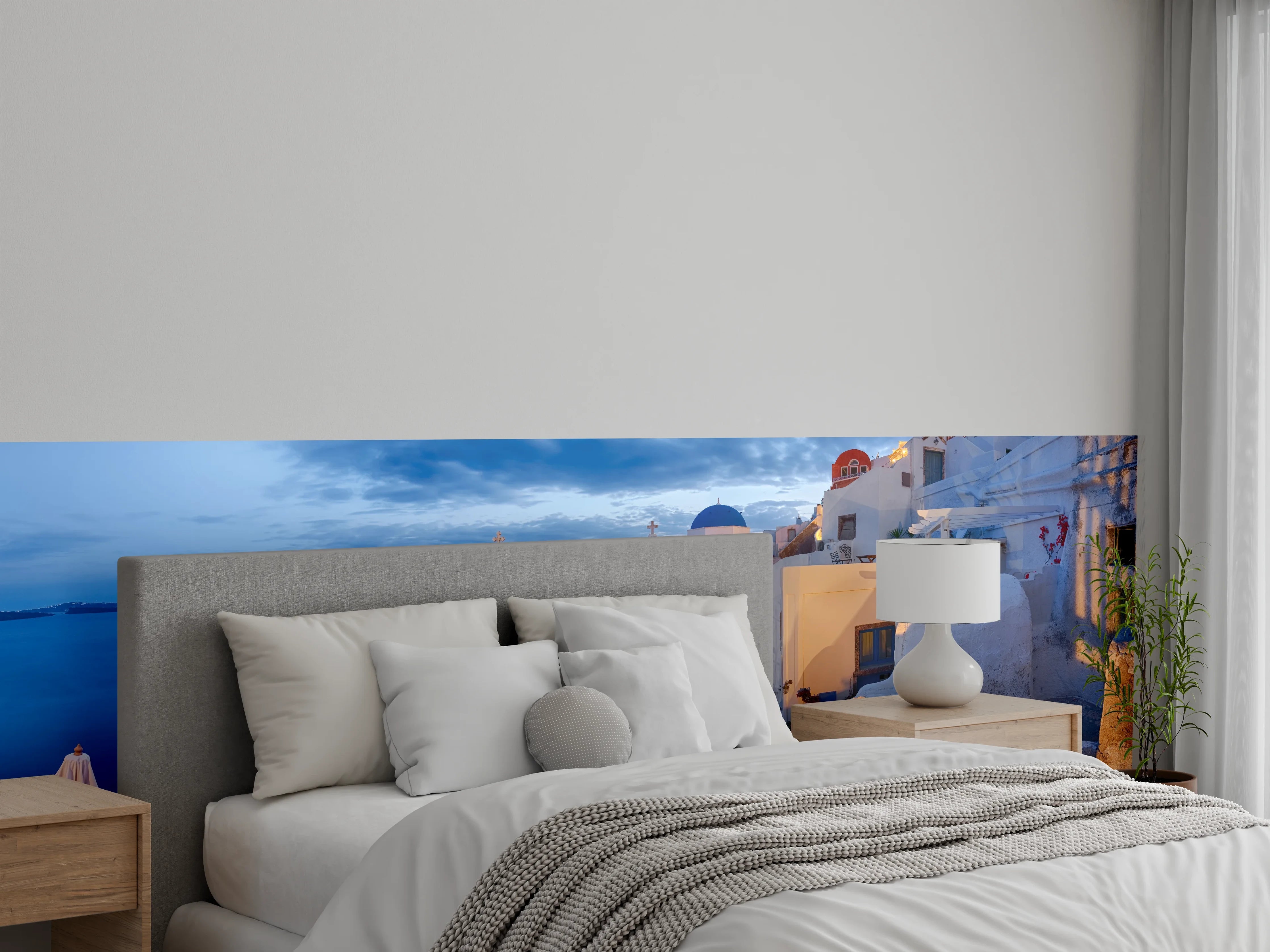 Wandverkleidung Schlafzimmer - Santorini Skyline in Blau und Weiß