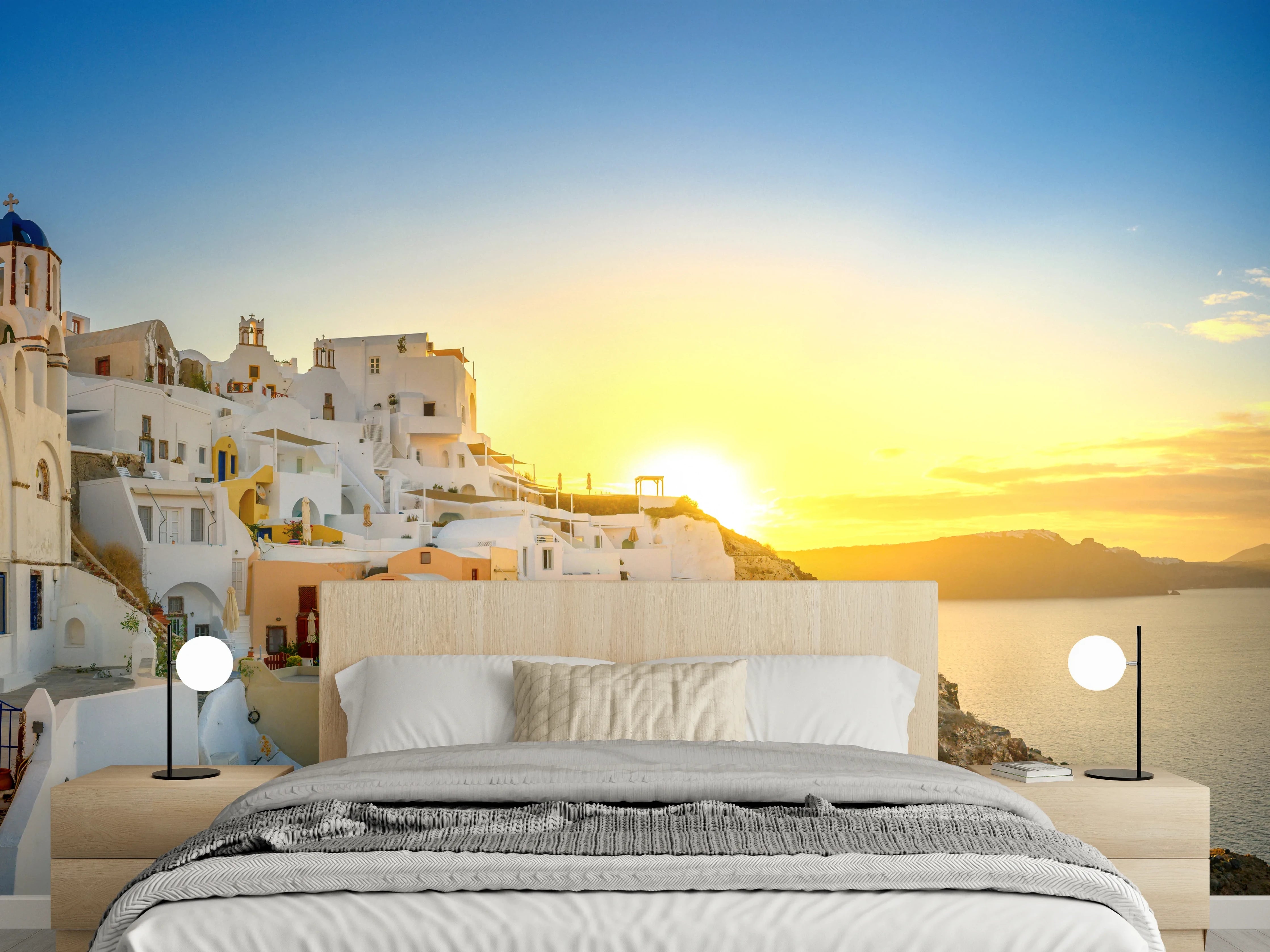 Wandverkleidung Schlafzimmer - Santorini Sonnenuntergang Skyline