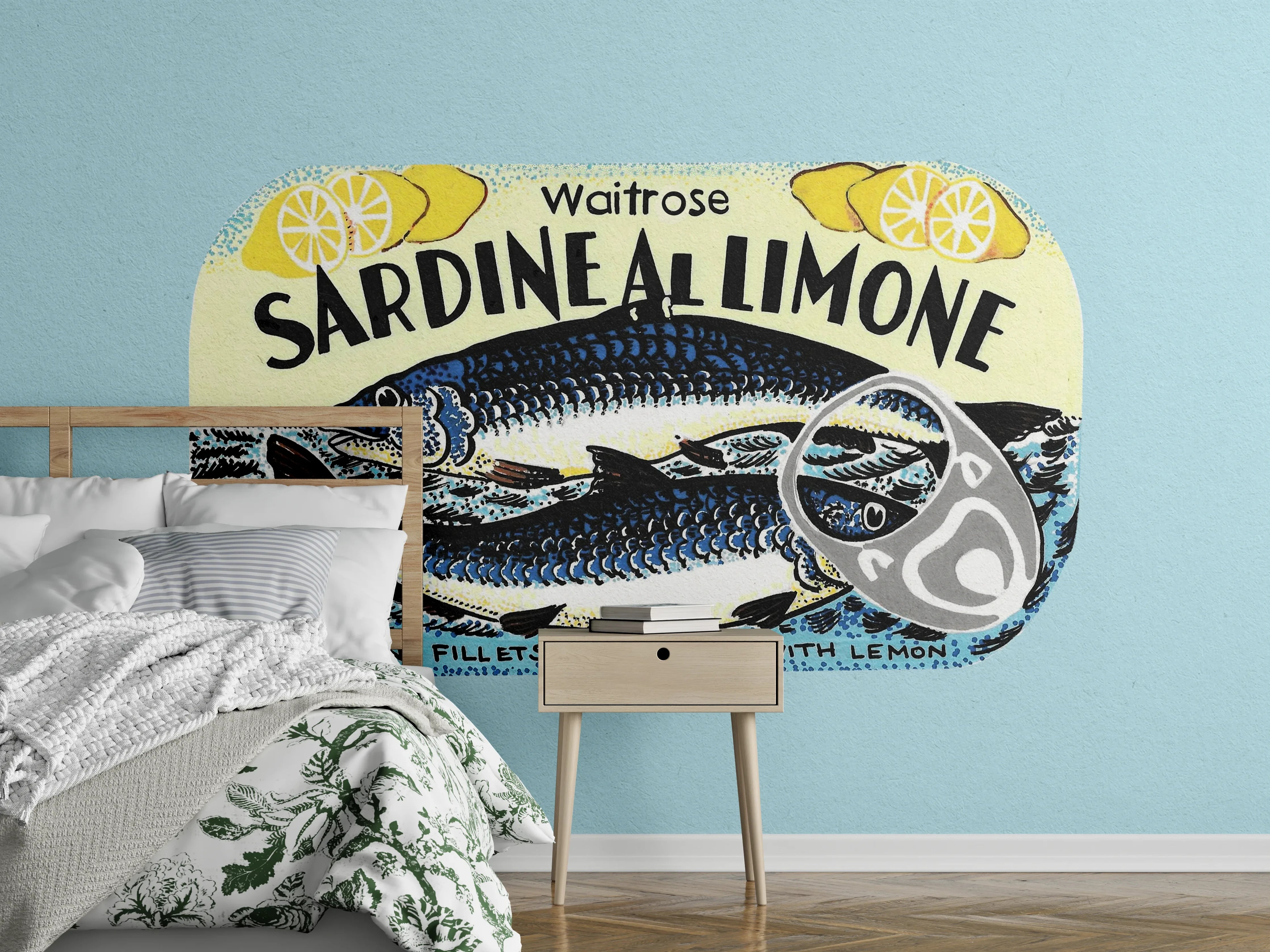 Wandverkleidung Schlafzimmer - Sardinen Illustration Retro Design