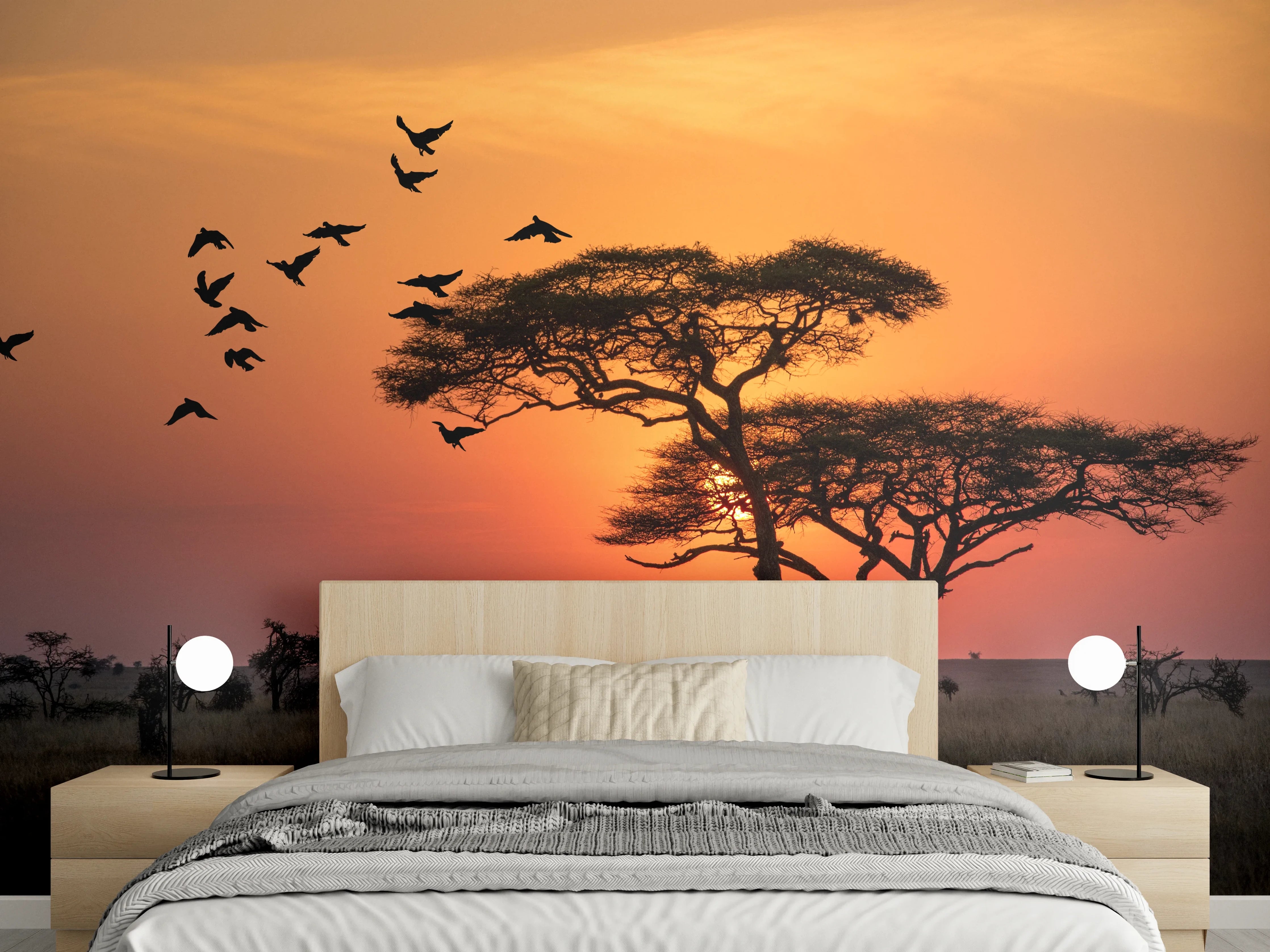 Wandverkleidung Schlafzimmer - Savanne bei Sonnenuntergang Wandbild