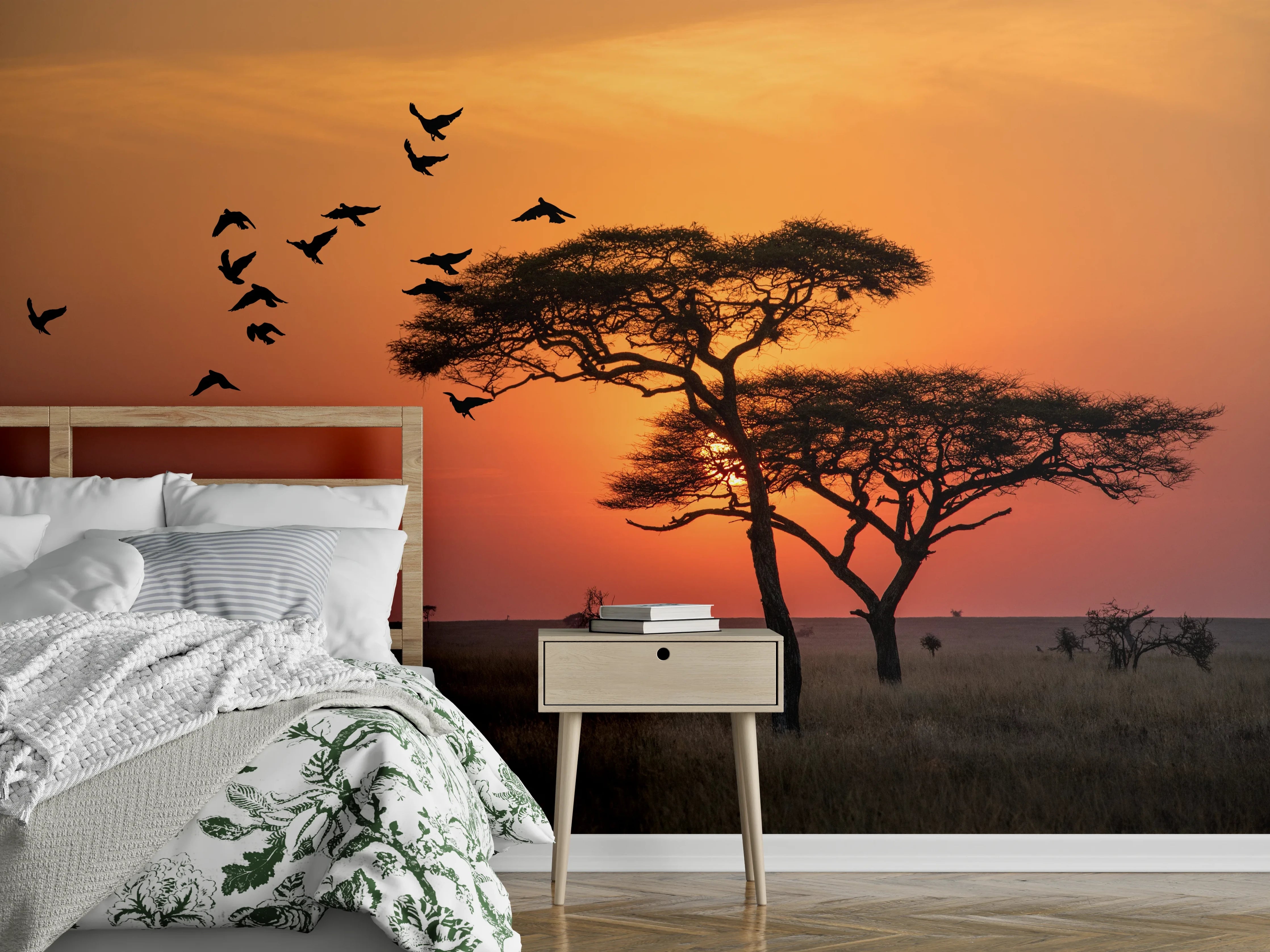 Wandverkleidung Schlafzimmer - Savanne bei Sonnenuntergang Wandbild