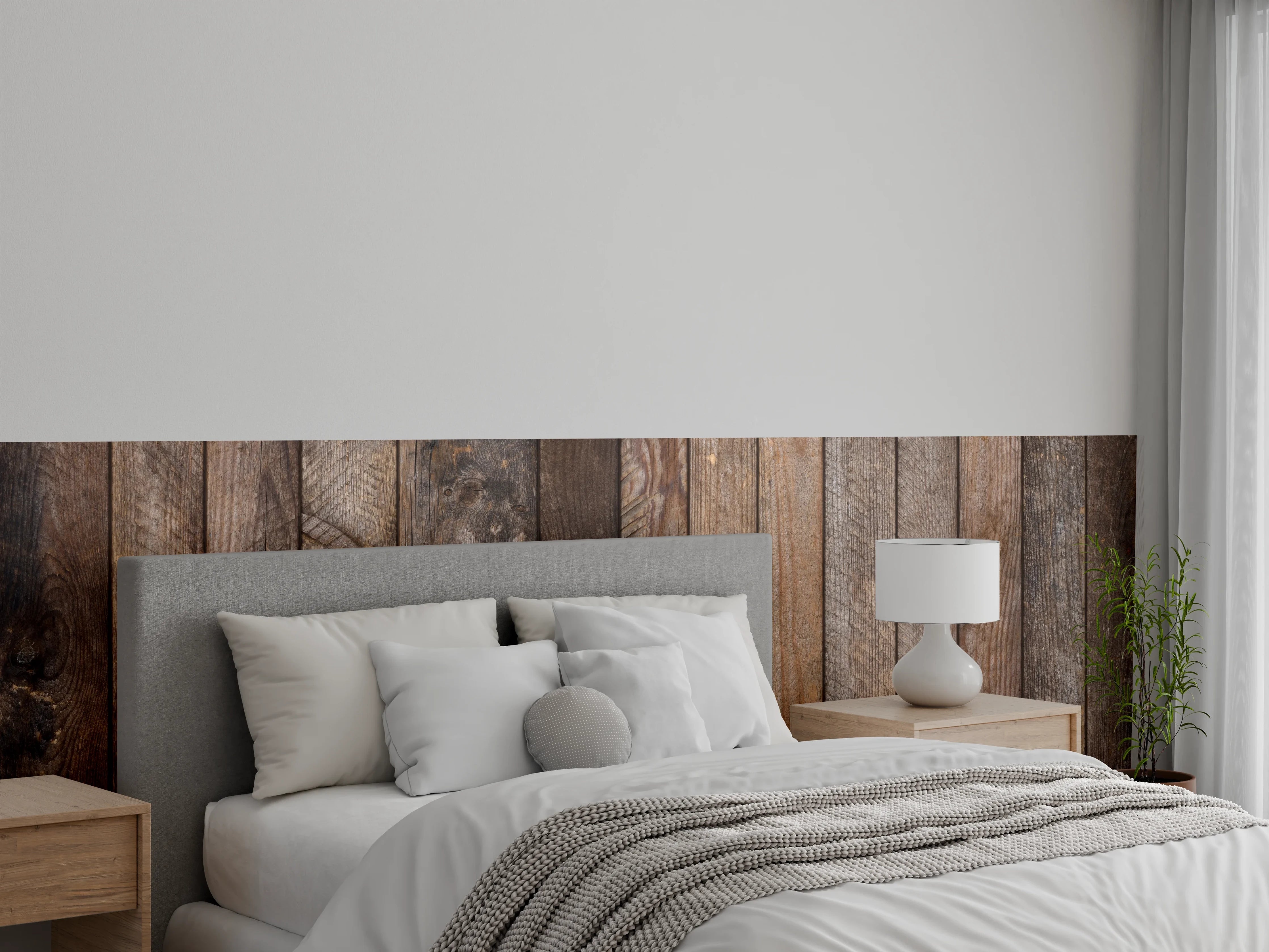 Wandverkleidung Schlafzimmer - Schlichte Holzoptik in Grautönen