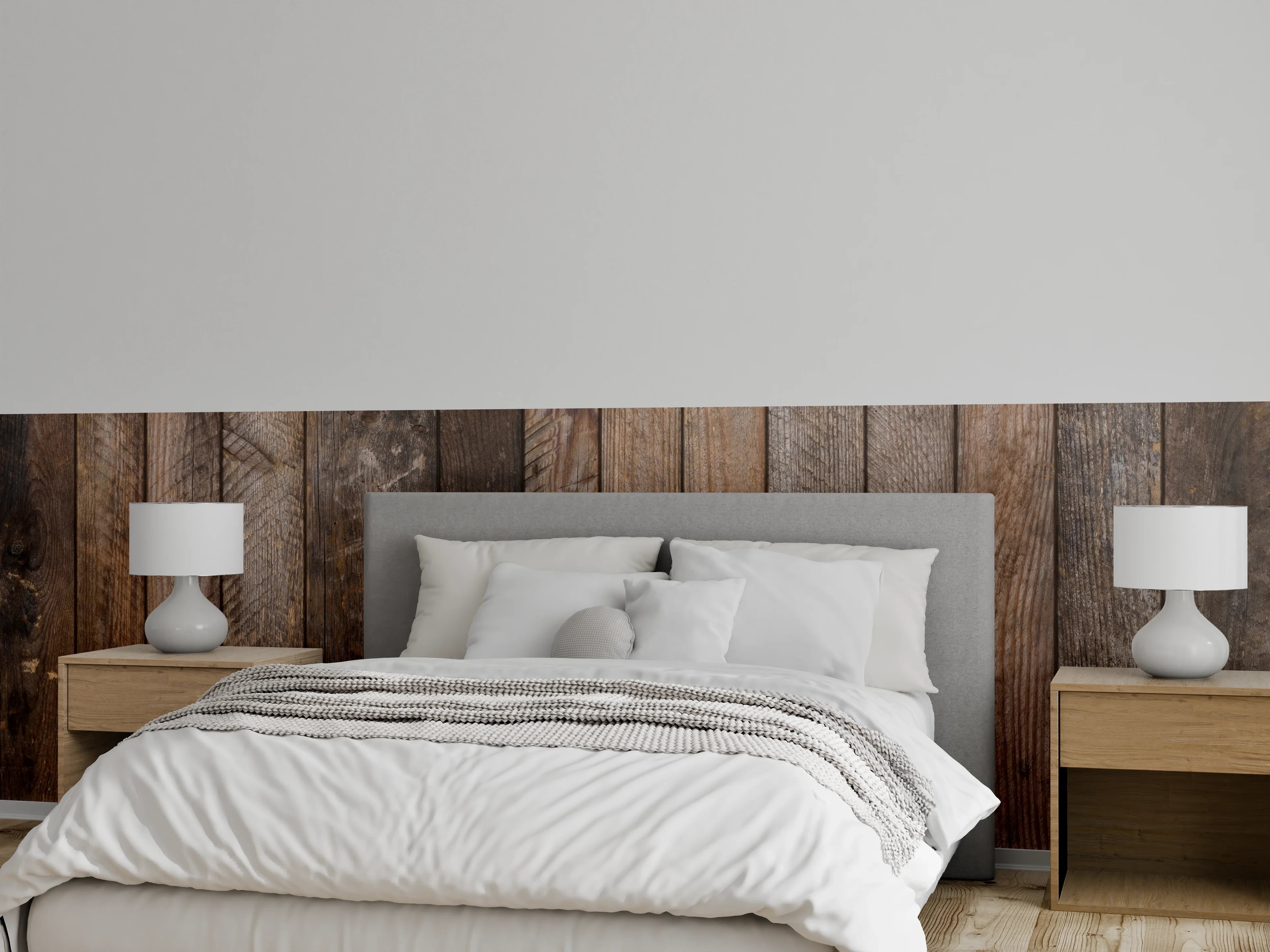 Wandverkleidung Schlafzimmer - Schlichte Holzoptik in Grautönen