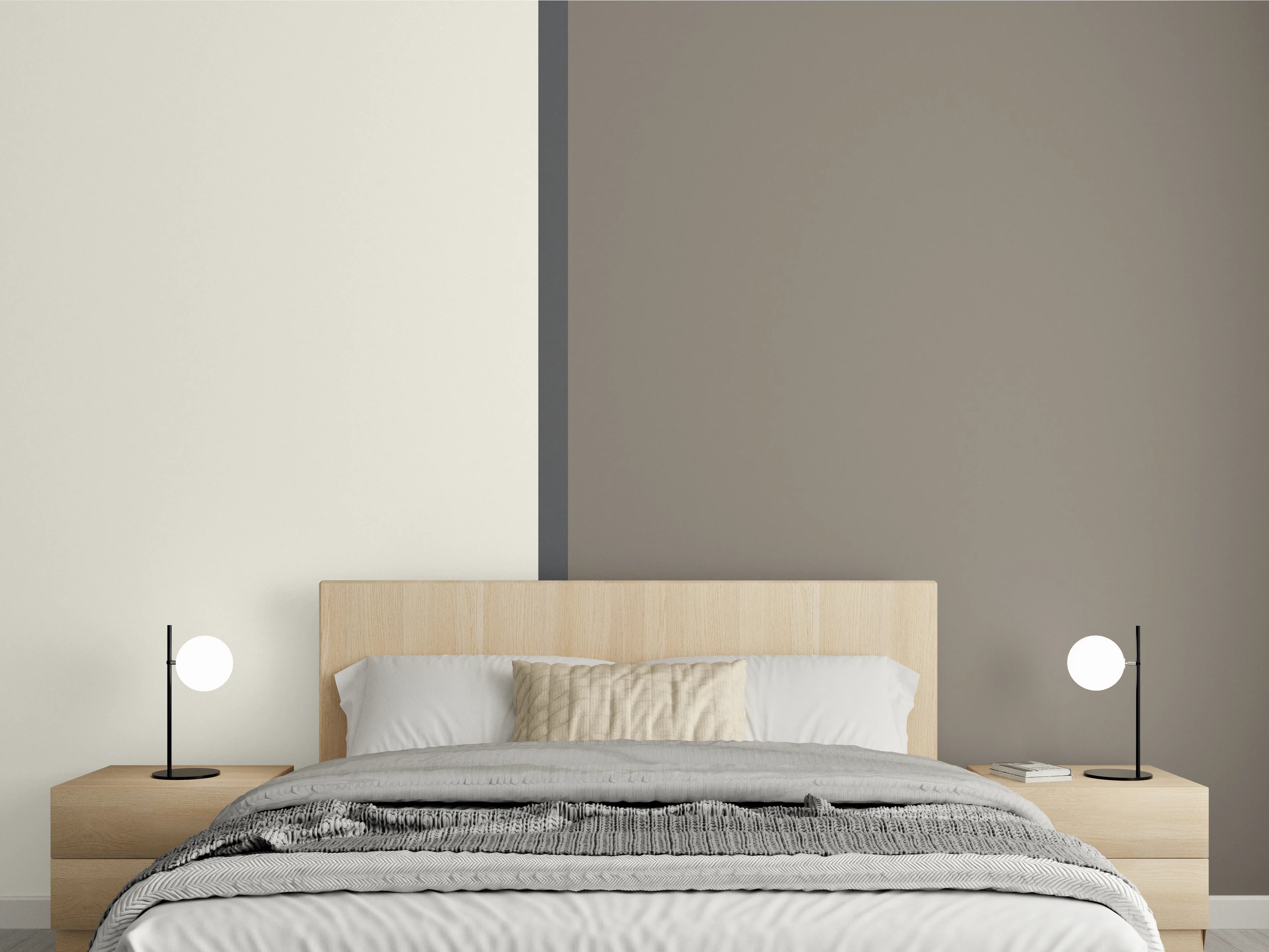 Wandverkleidung Schlafzimmer - Schlichte Wanddesign-Idee: Weiß und Taupe