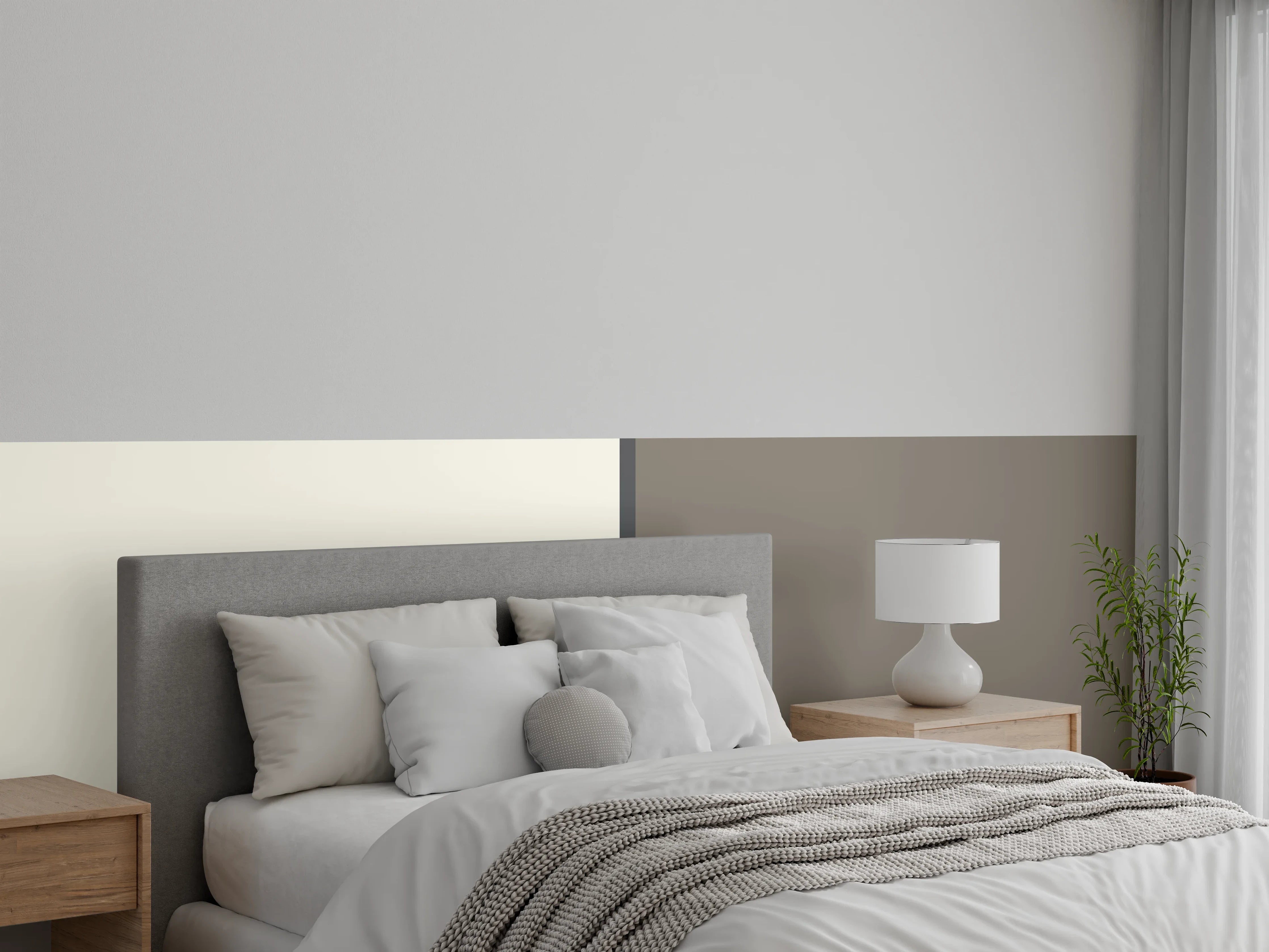 Wandverkleidung Schlafzimmer - Schlichte Wanddesign-Idee: Weiß und Taupe