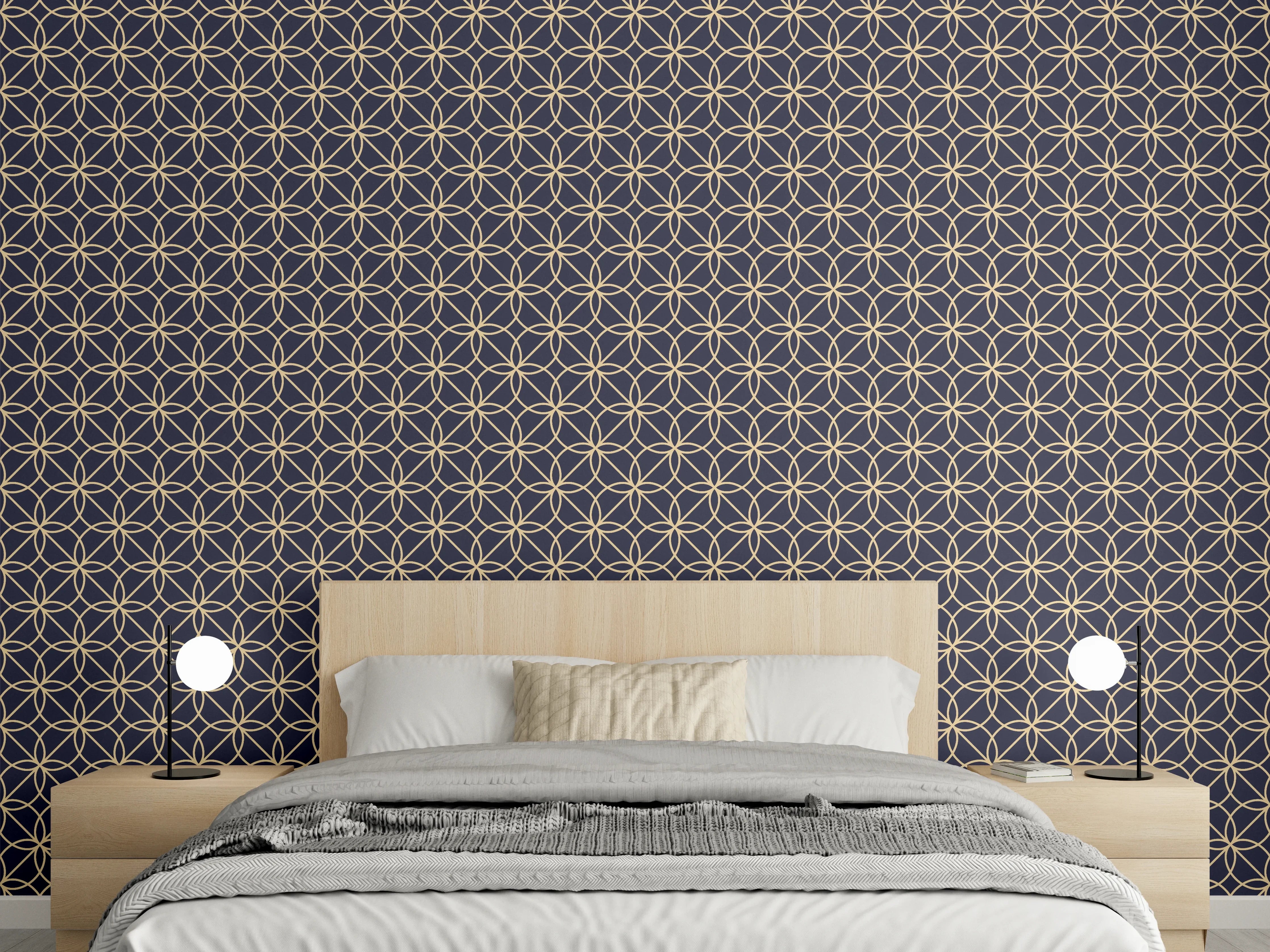 Wandverkleidung Schlafzimmer - Schlichtes geometrisches Muster in Grau und Gold
