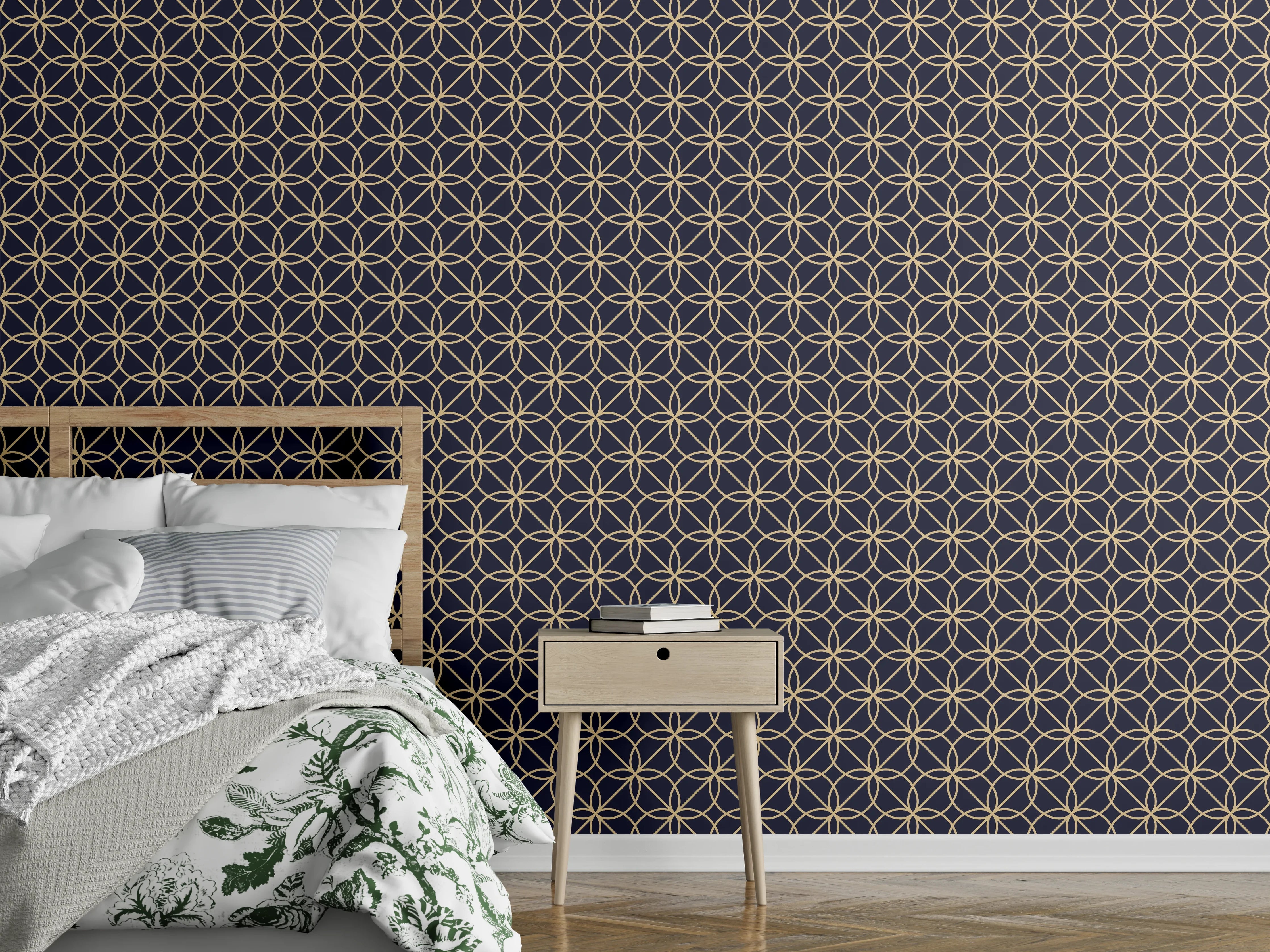 Wandverkleidung Schlafzimmer - Schlichtes geometrisches Muster in Grau und Gold