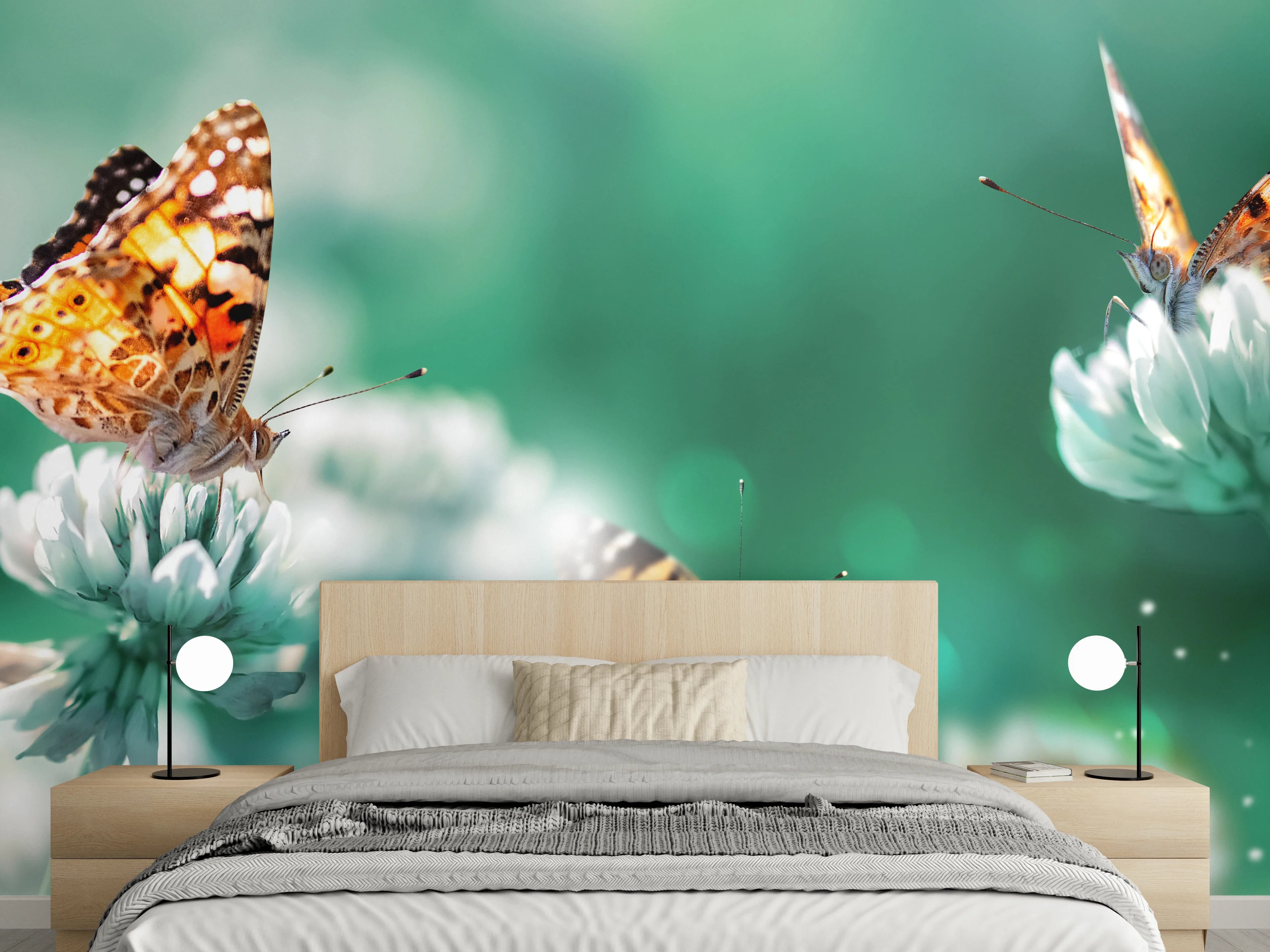 Wandverkleidung Schlafzimmer - Schmetterling auf Weißkleeblüten