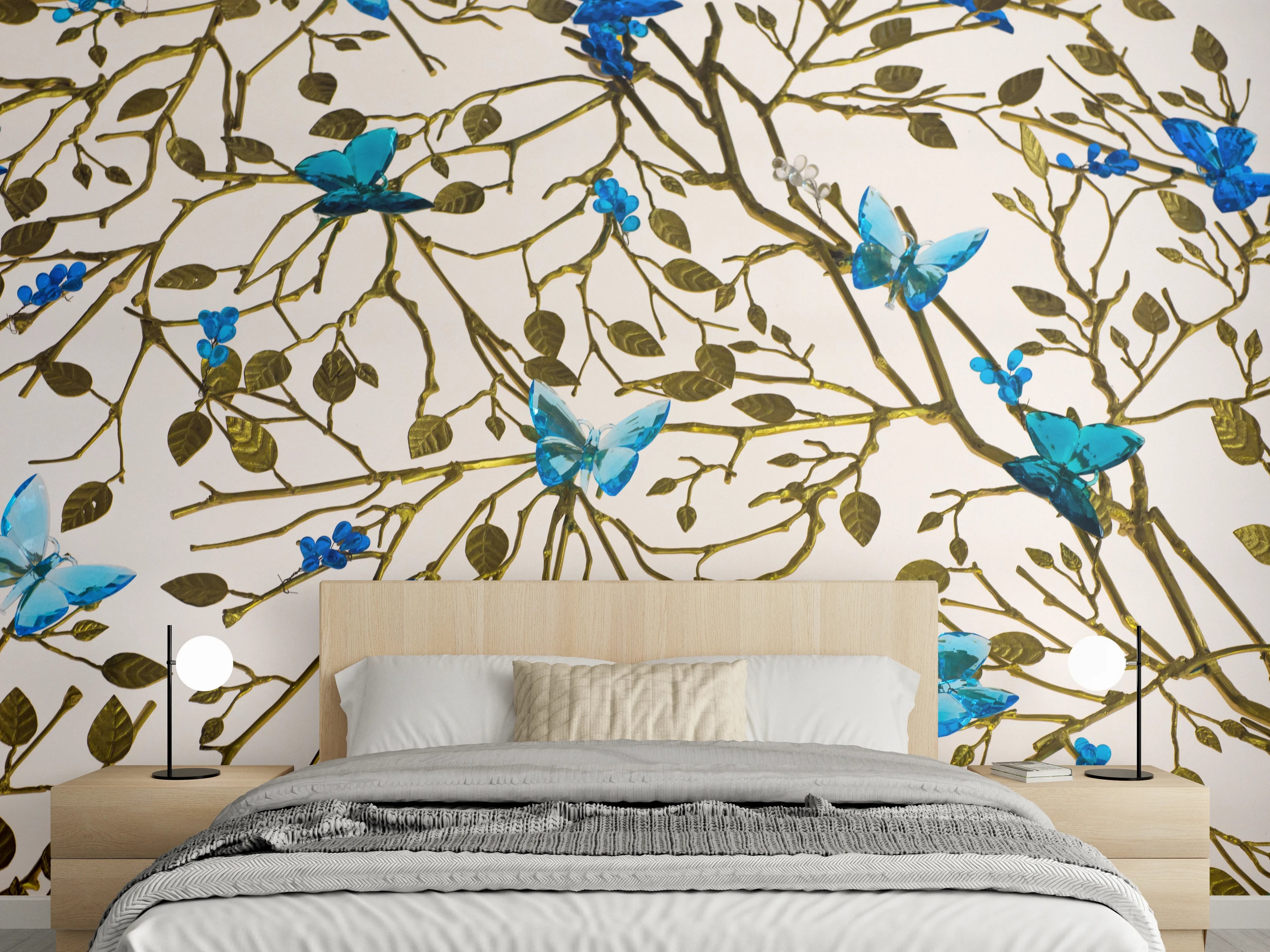 Wandverkleidung Schlafzimmer - Schmetterlinge auf Zweigen Wanddekor