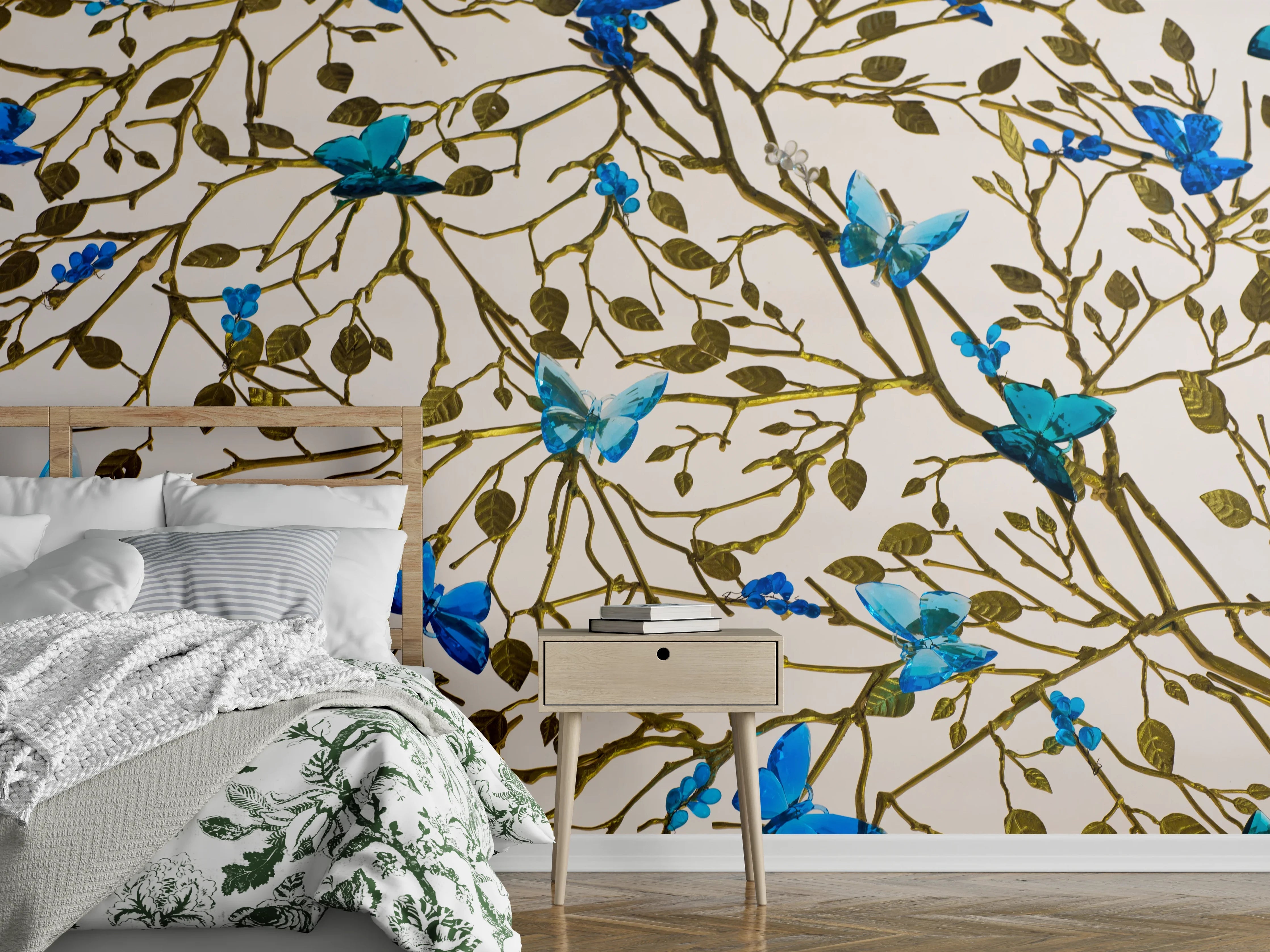 Wandverkleidung Schlafzimmer - Schmetterlinge auf Zweigen Wanddekor