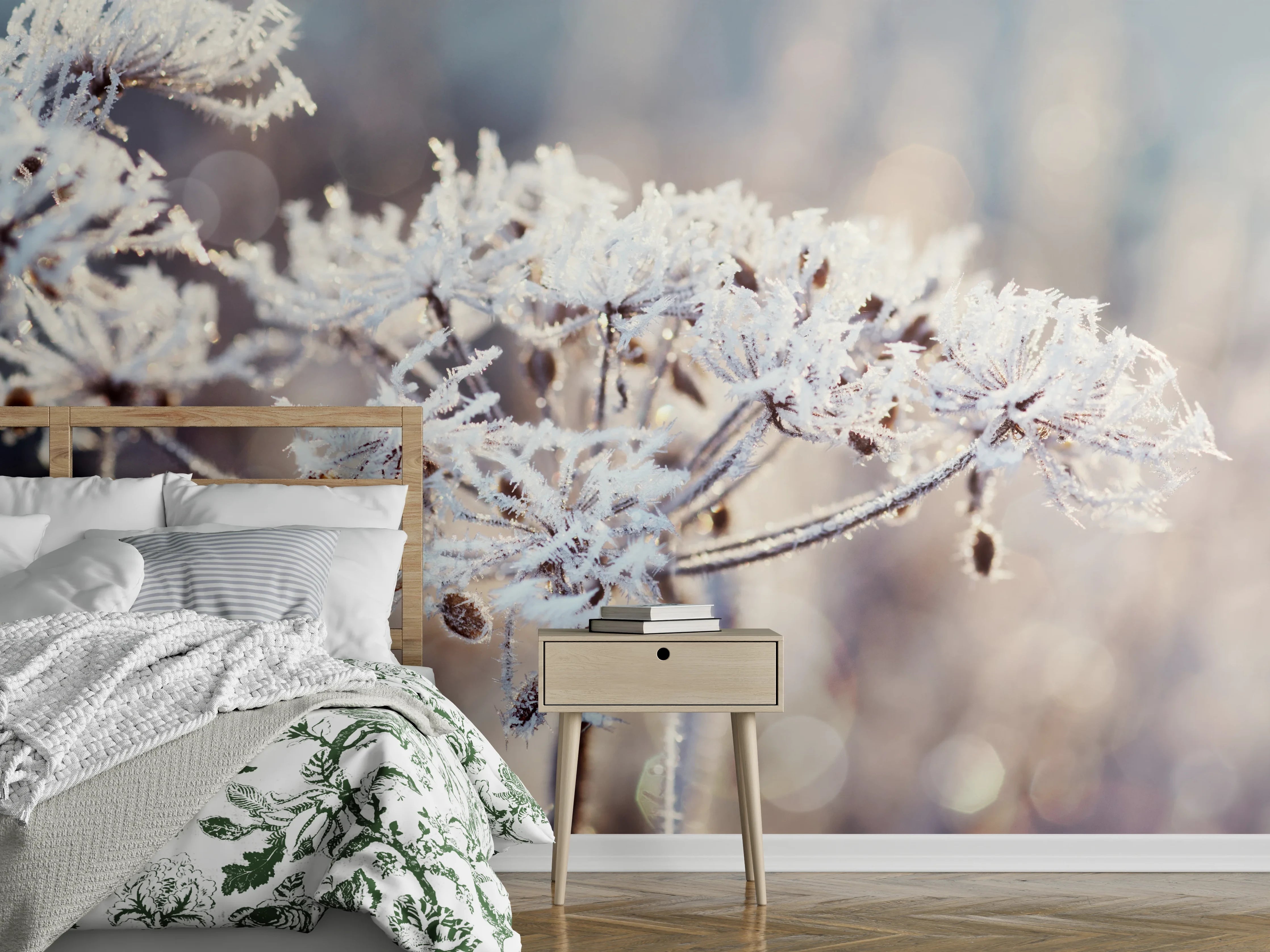 Wandverkleidung Schlafzimmer - Schneetau auf Pflanzen