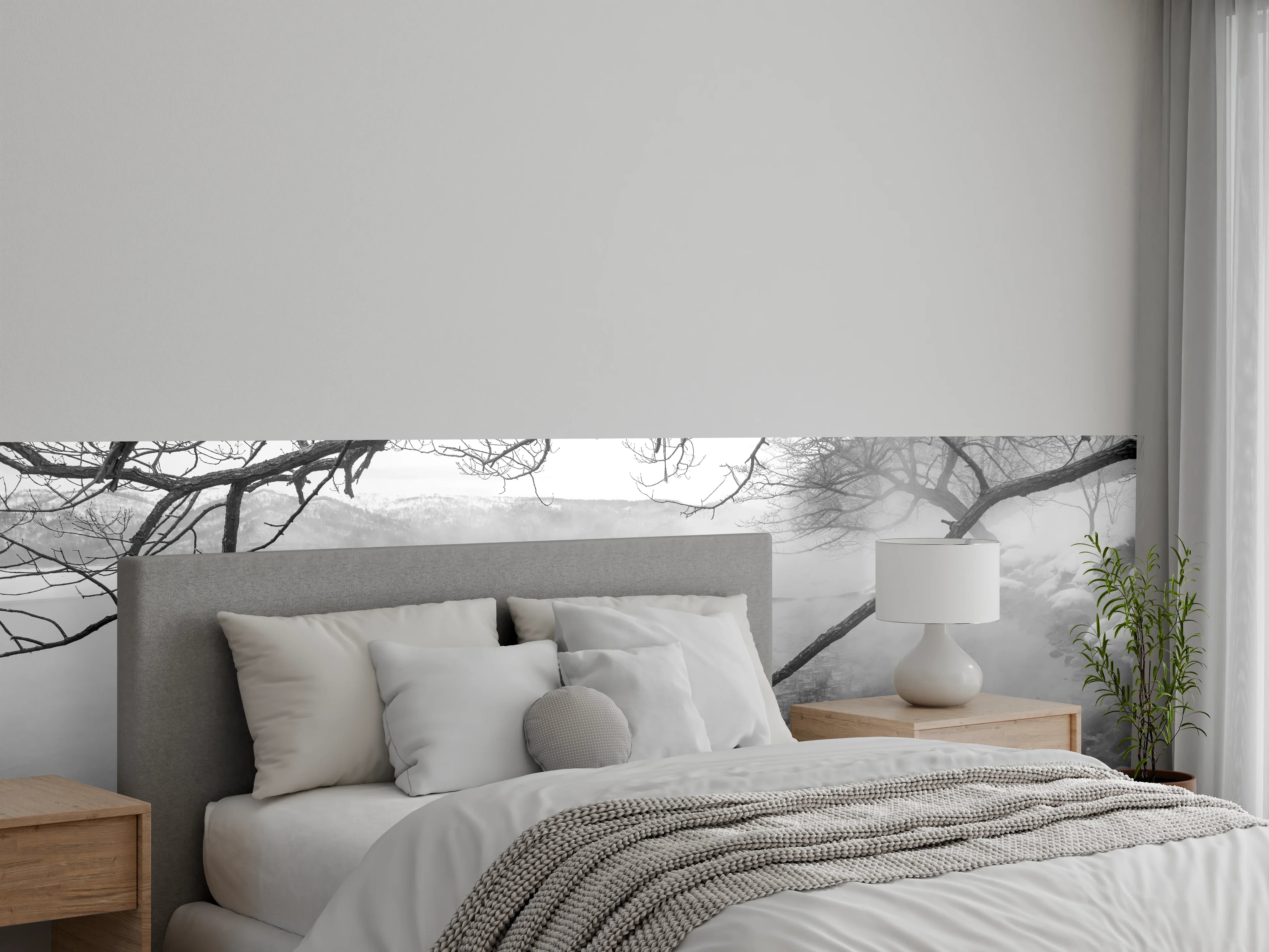 Wandverkleidung Schlafzimmer - Schwanensee im Nebel Schwarz-Weiß Fotokunst