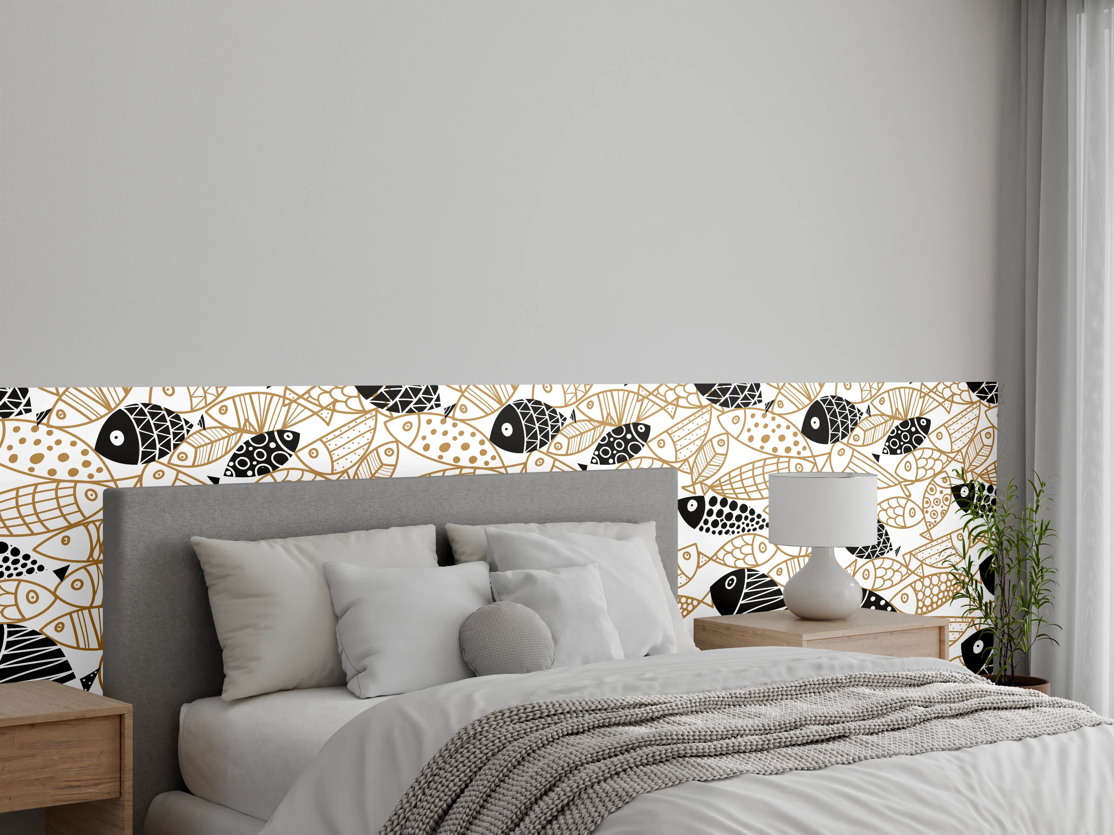 Wandverkleidung Schlafzimmer - Schwarz-Gold Fische Muster