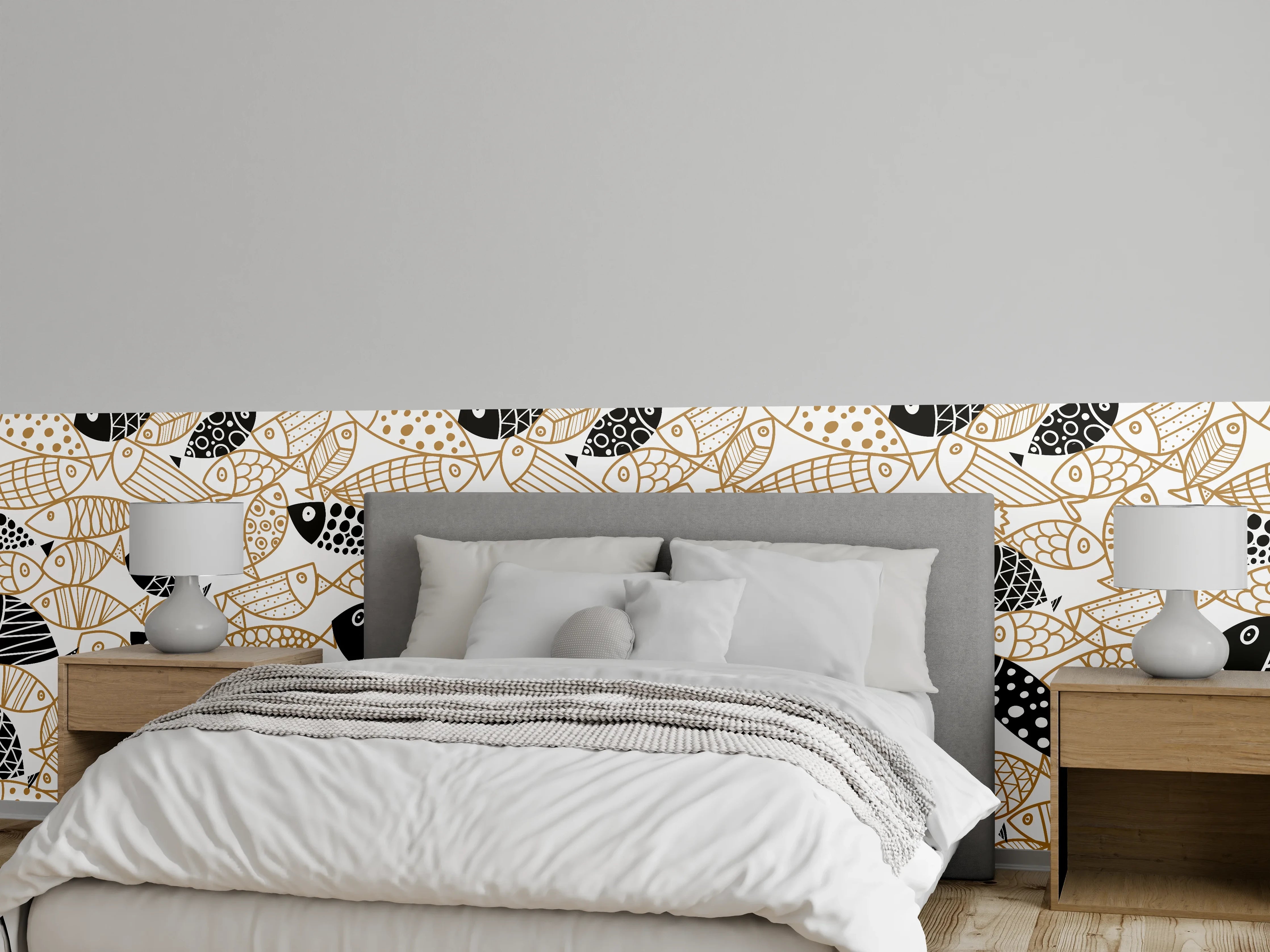 Wandverkleidung Schlafzimmer - Schwarz-Gold Fische Muster