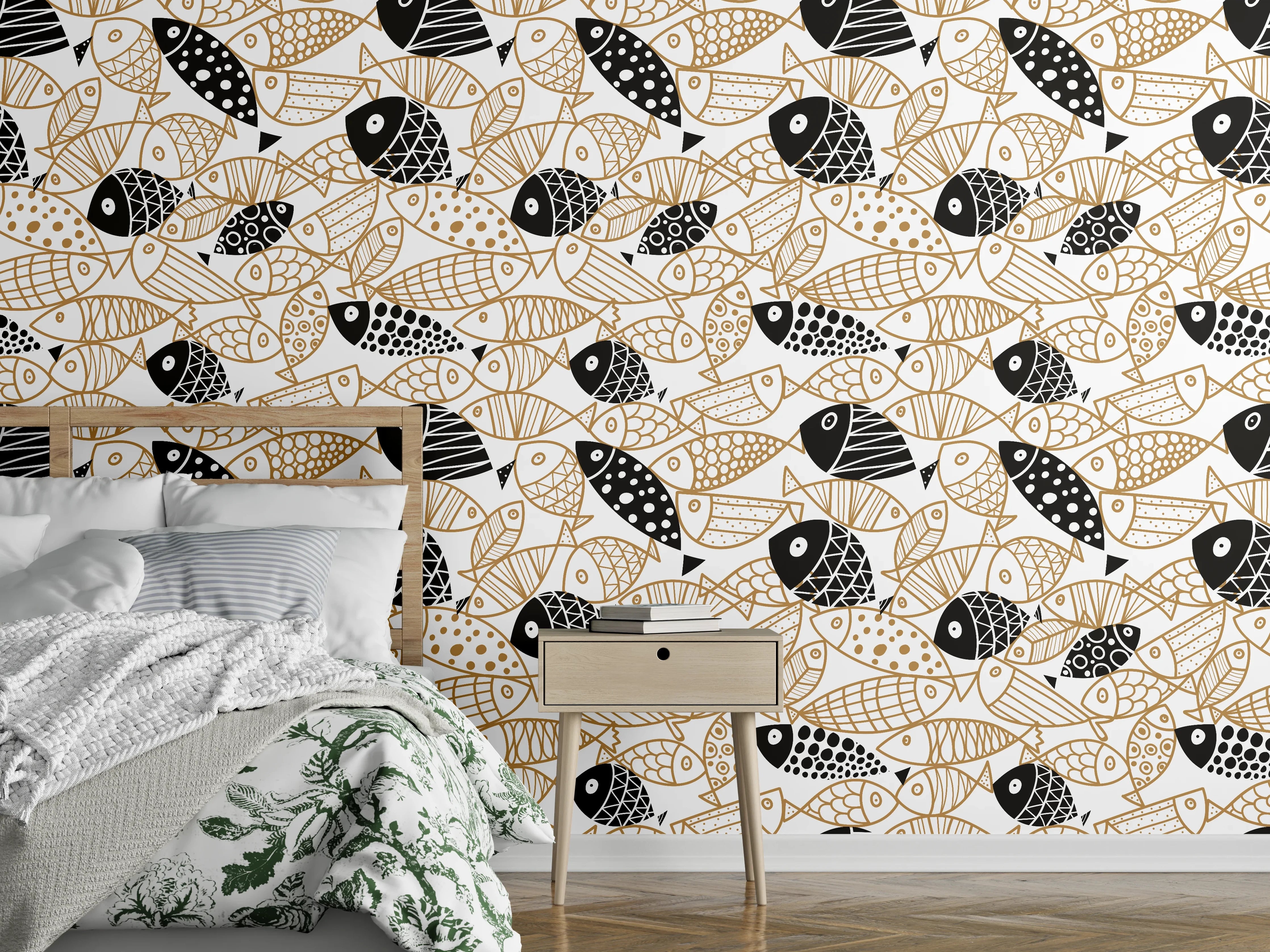 Wandverkleidung Schlafzimmer - Schwarz-Gold Fische Muster