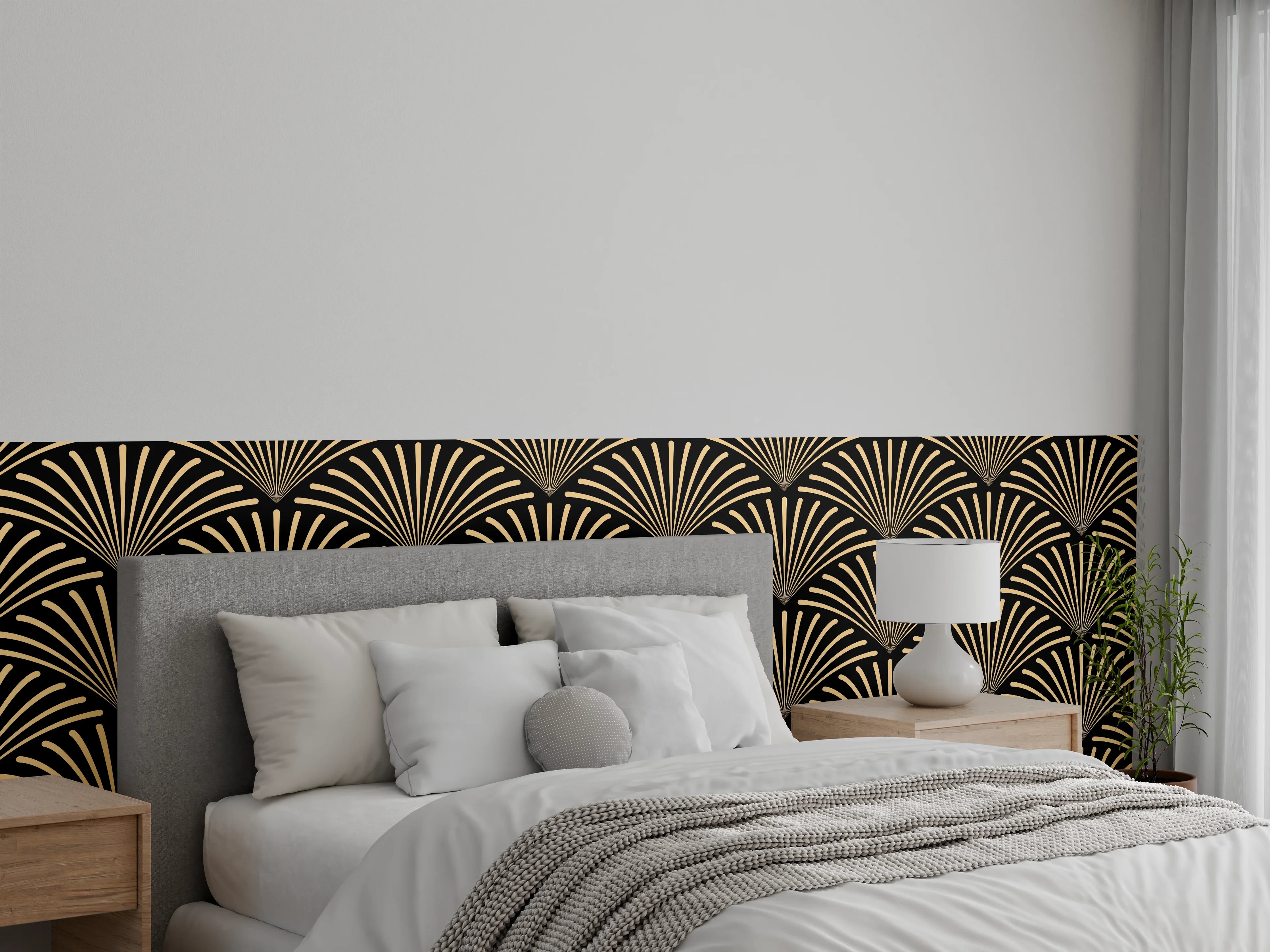 Wandverkleidung Schlafzimmer - Schwarz-Goldenes Wellenmuster