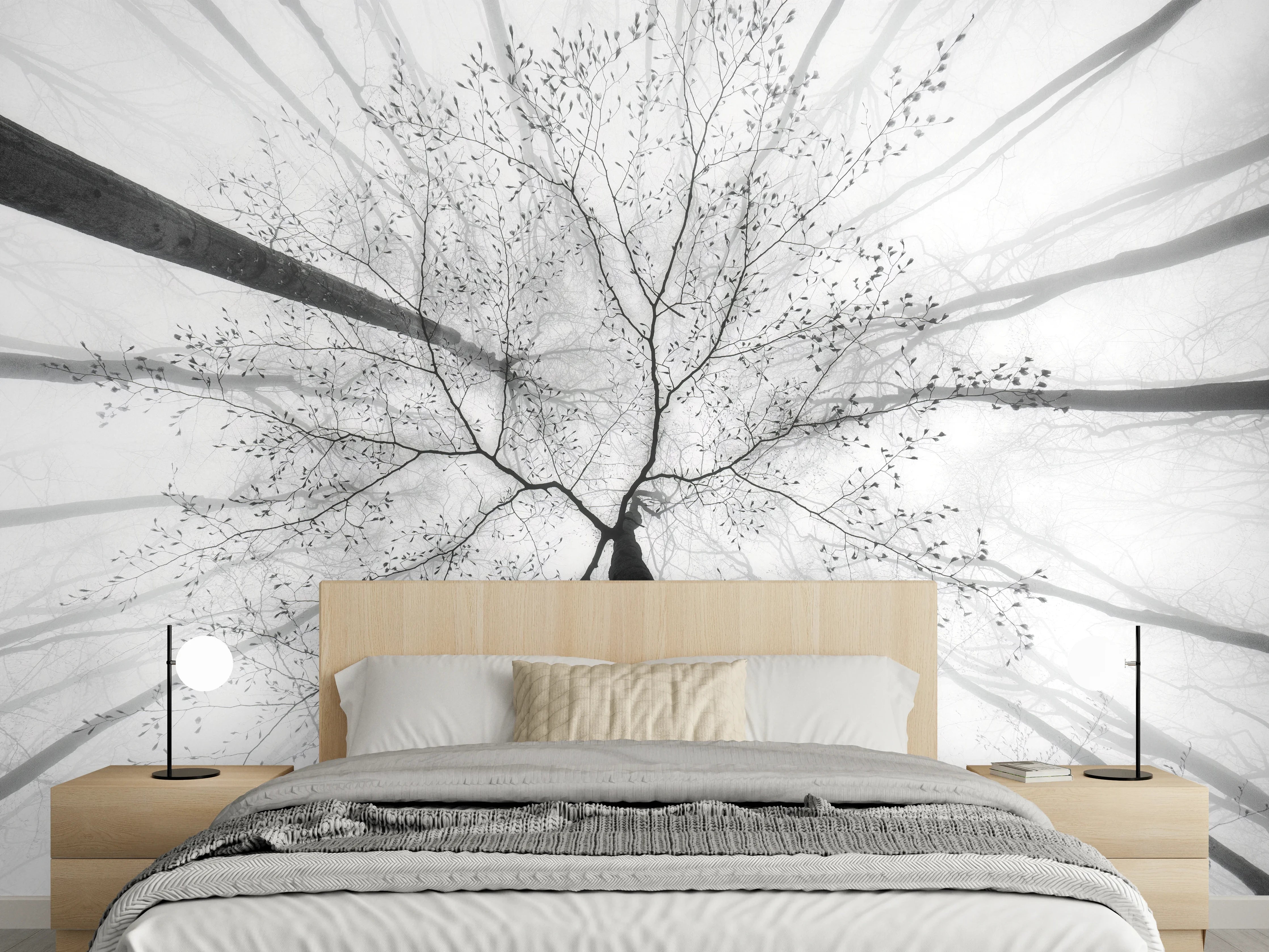Wandverkleidung Schlafzimmer - Schwarz-Weiß Baumkronen Fotomotiv