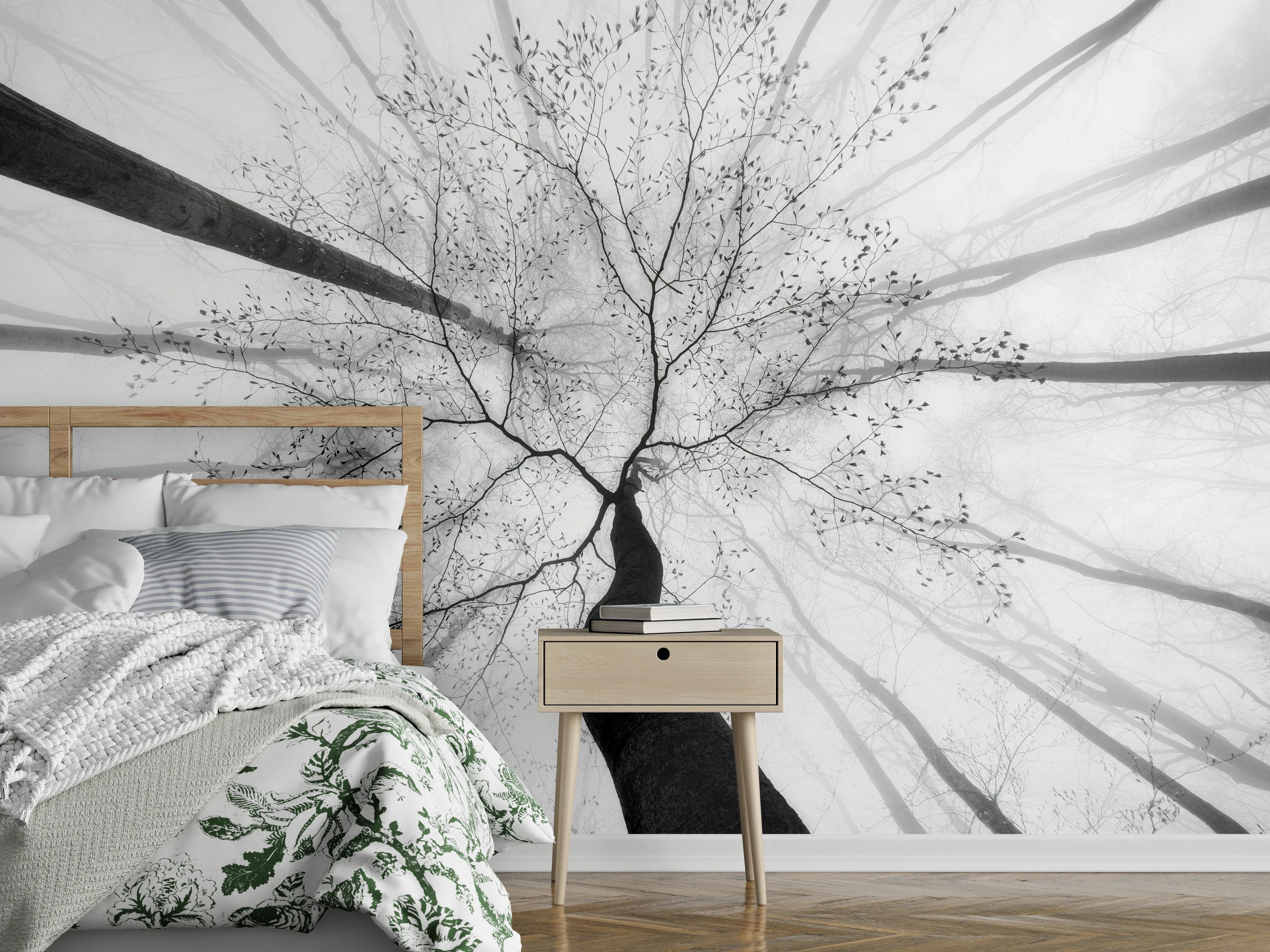 Wandverkleidung Schlafzimmer - Schwarz-Weiß Baumkronen Fotomotiv