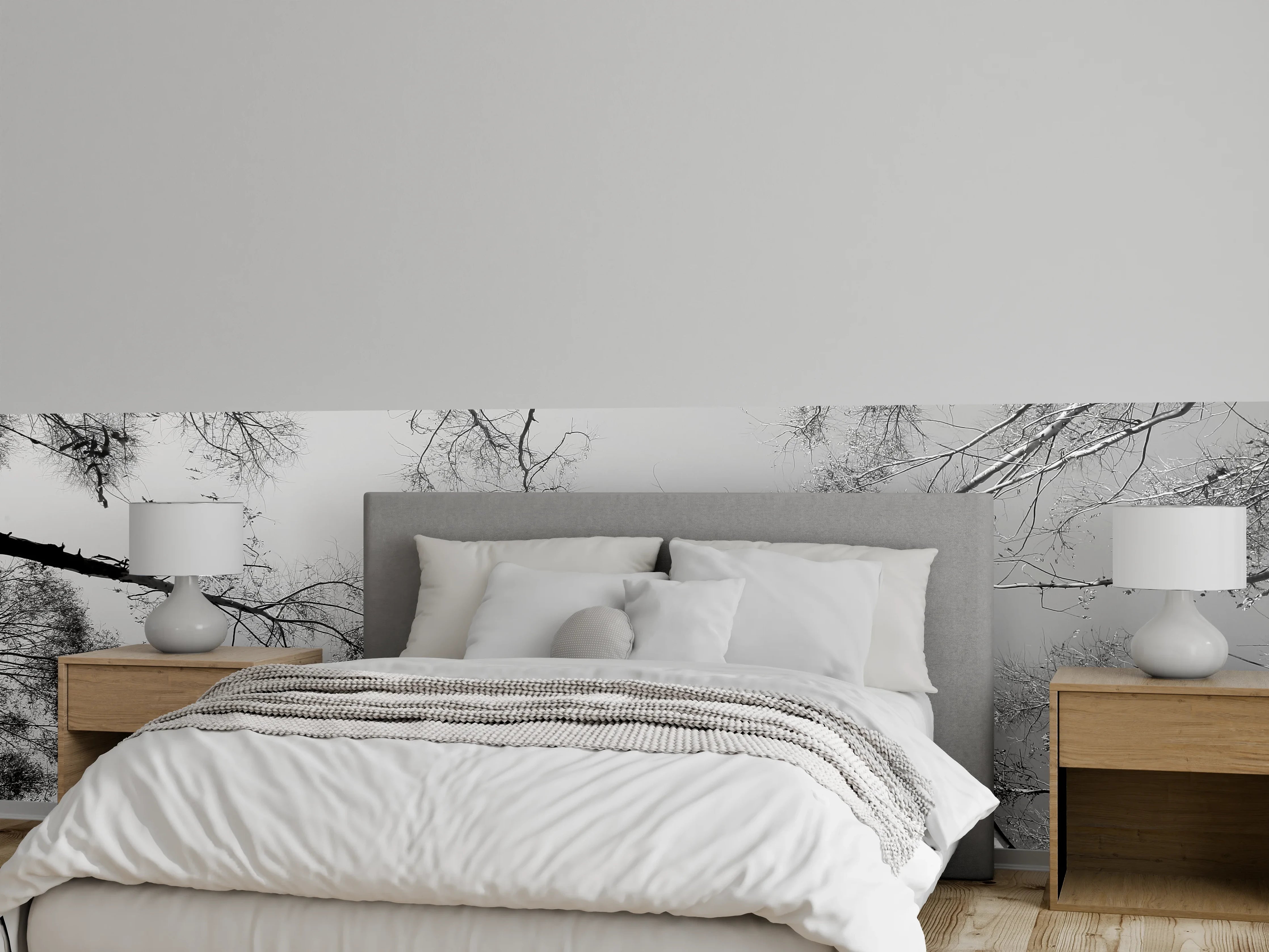 Wandverkleidung Schlafzimmer - Schwarz-Weiß Baumkronen aus der Froschperspektive