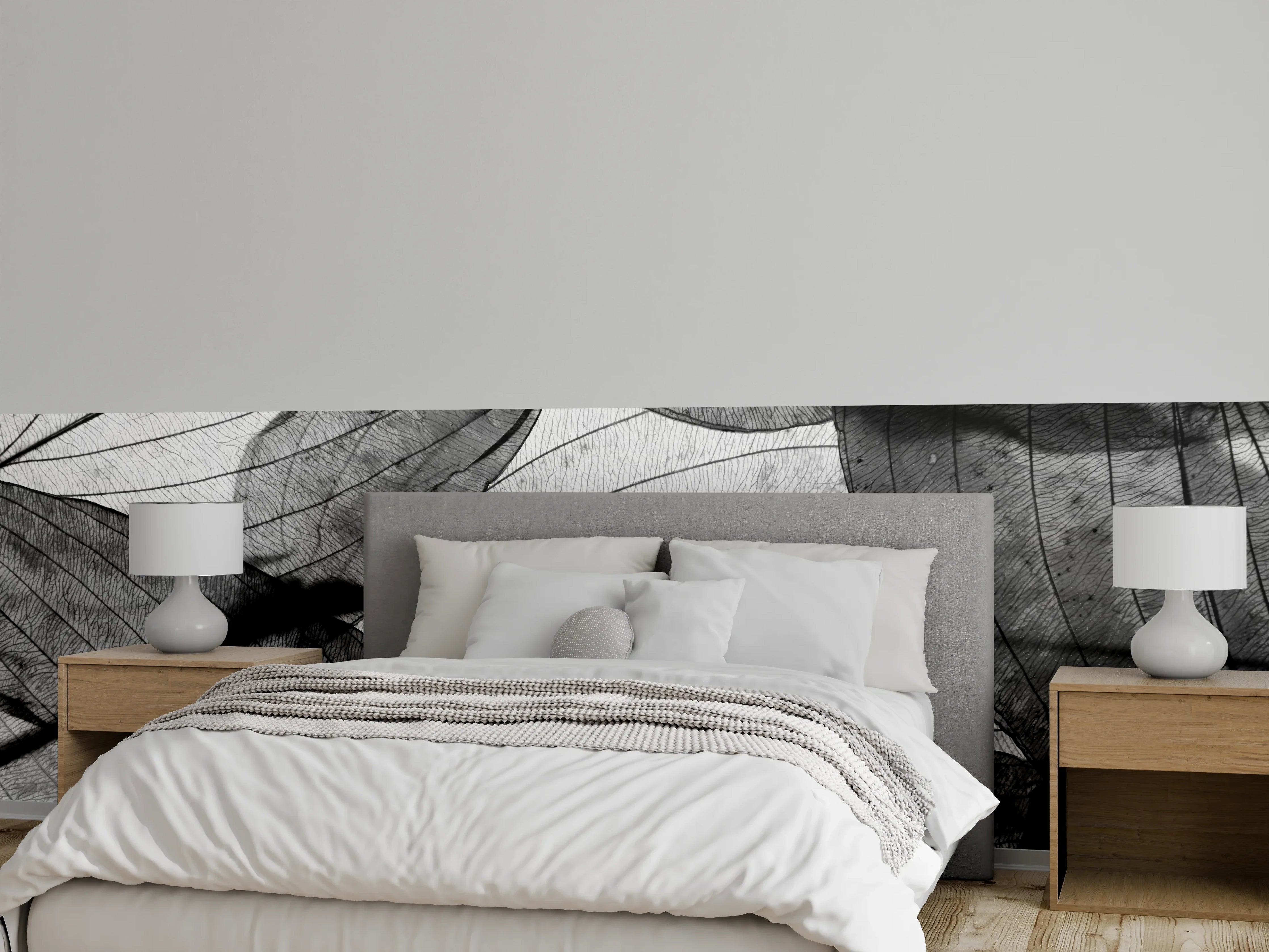 Wandverkleidung Schlafzimmer - Schwarz-Weiß Blätter Tapete