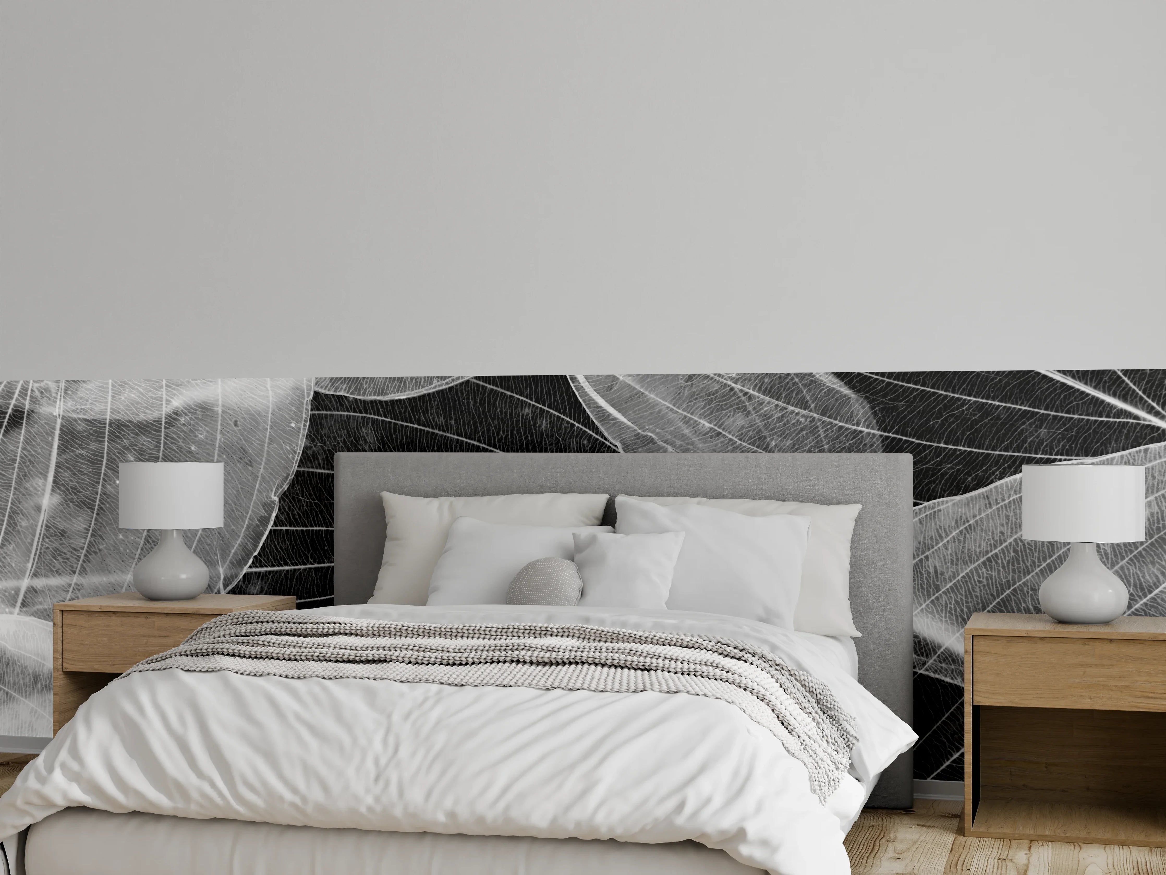 Wandverkleidung Schlafzimmer - Schwarz-Weiß-Blätter mit filigranen Linien