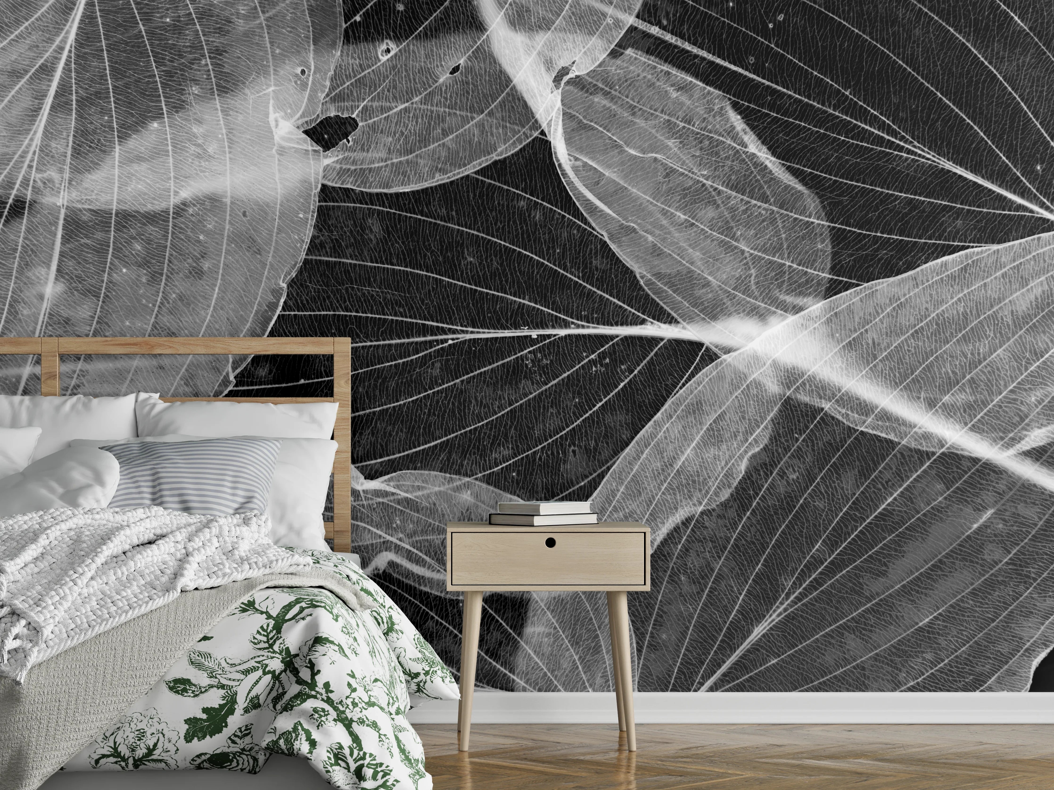 Wandverkleidung Schlafzimmer - Schwarz-Weiß-Blätter mit filigranen Linien