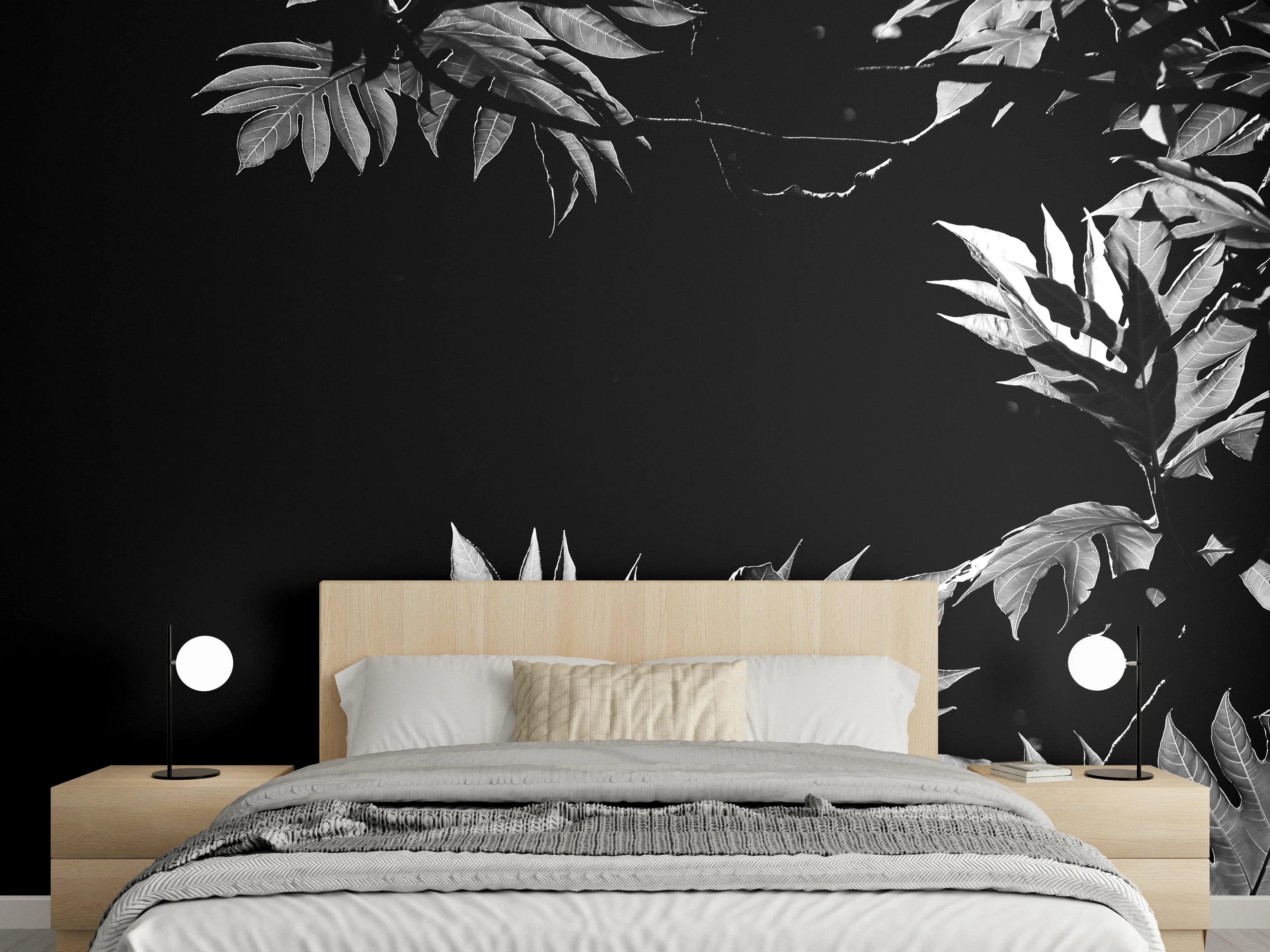 Wandverkleidung Schlafzimmer - Schwarz-Weiß Blättermuster Wandbild