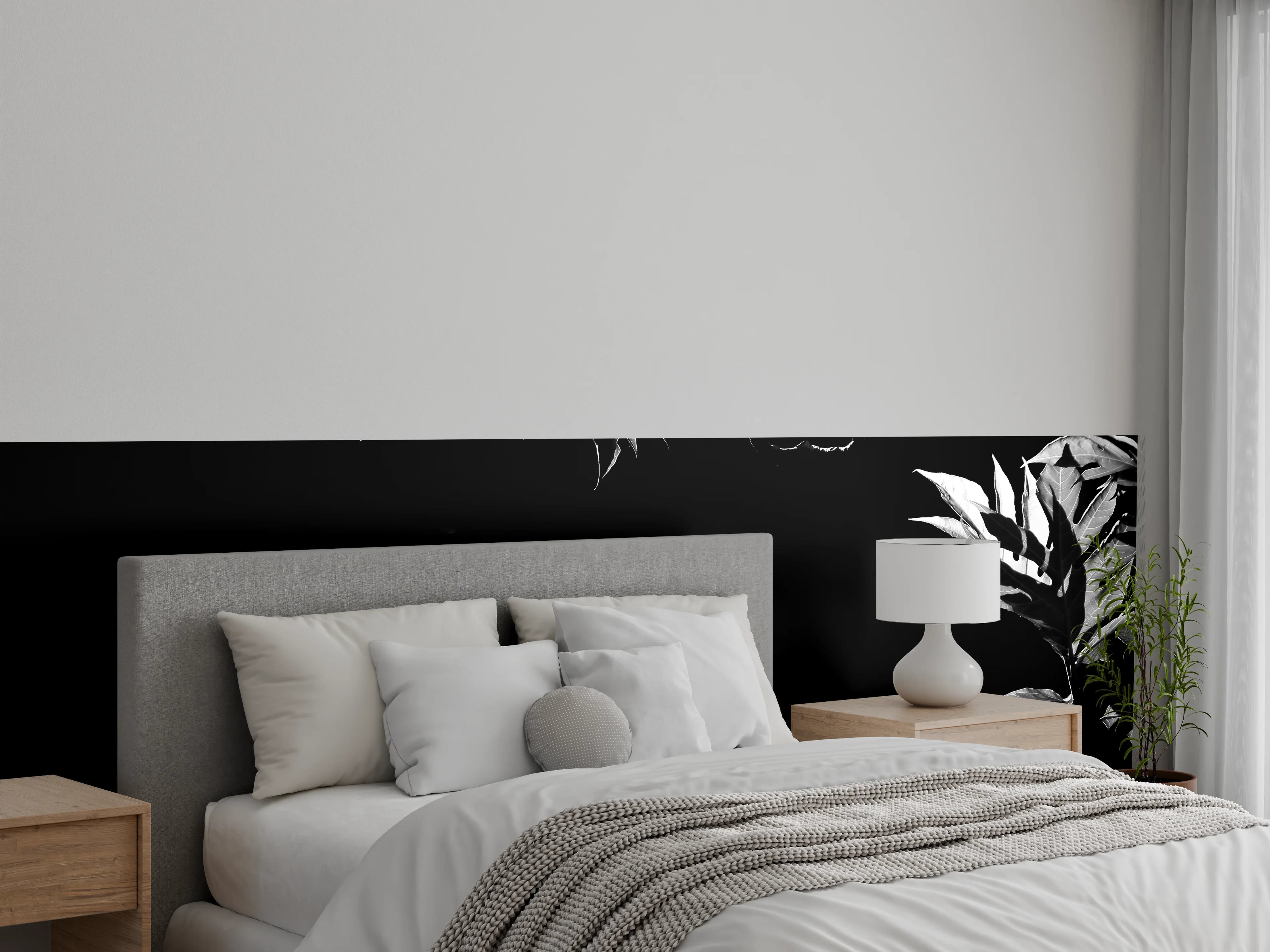 Wandverkleidung Schlafzimmer - Schwarz-Weiß Blättermuster Wandbild