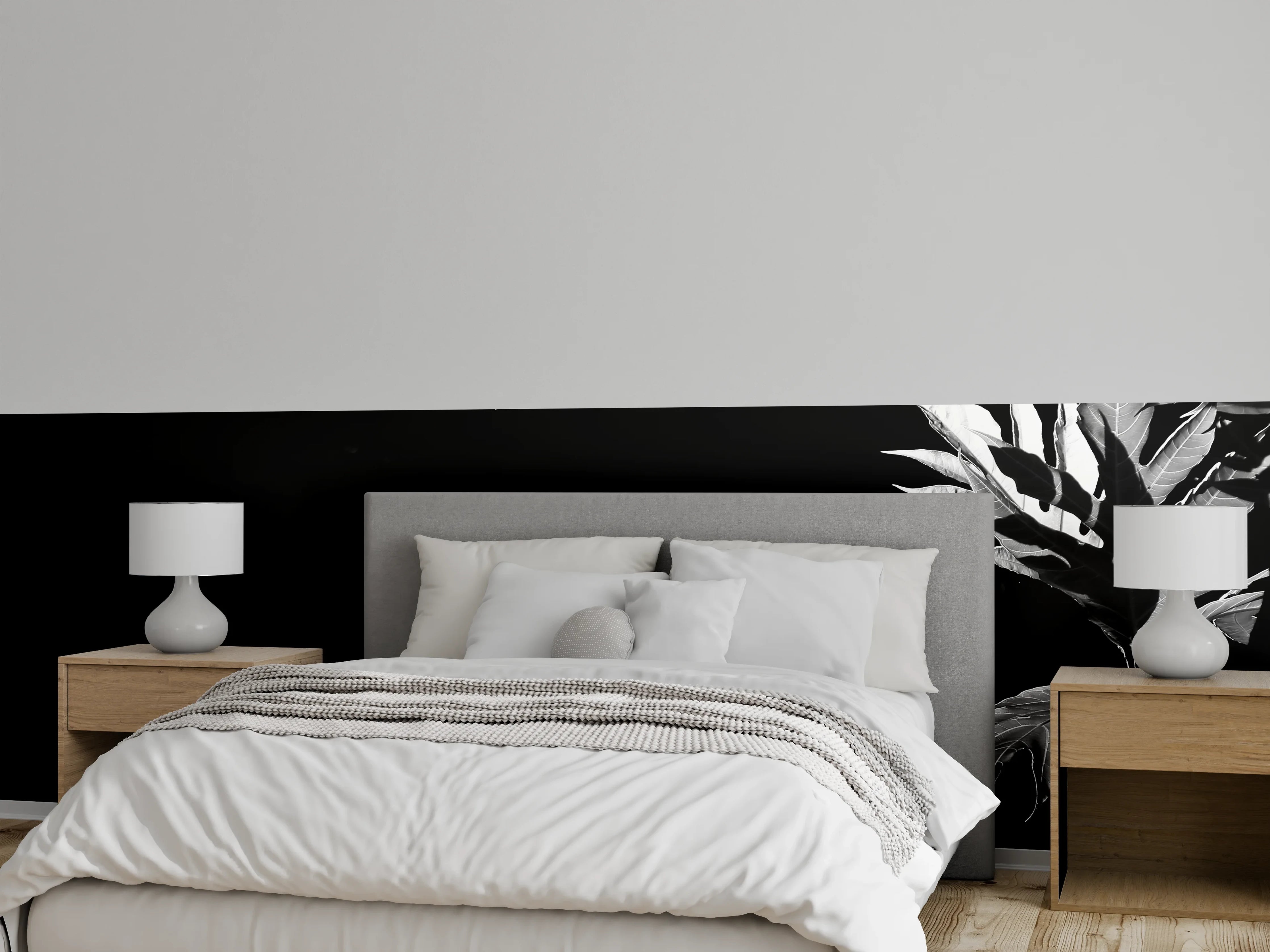 Wandverkleidung Schlafzimmer - Schwarz-Weiß Blättermuster Wandbild