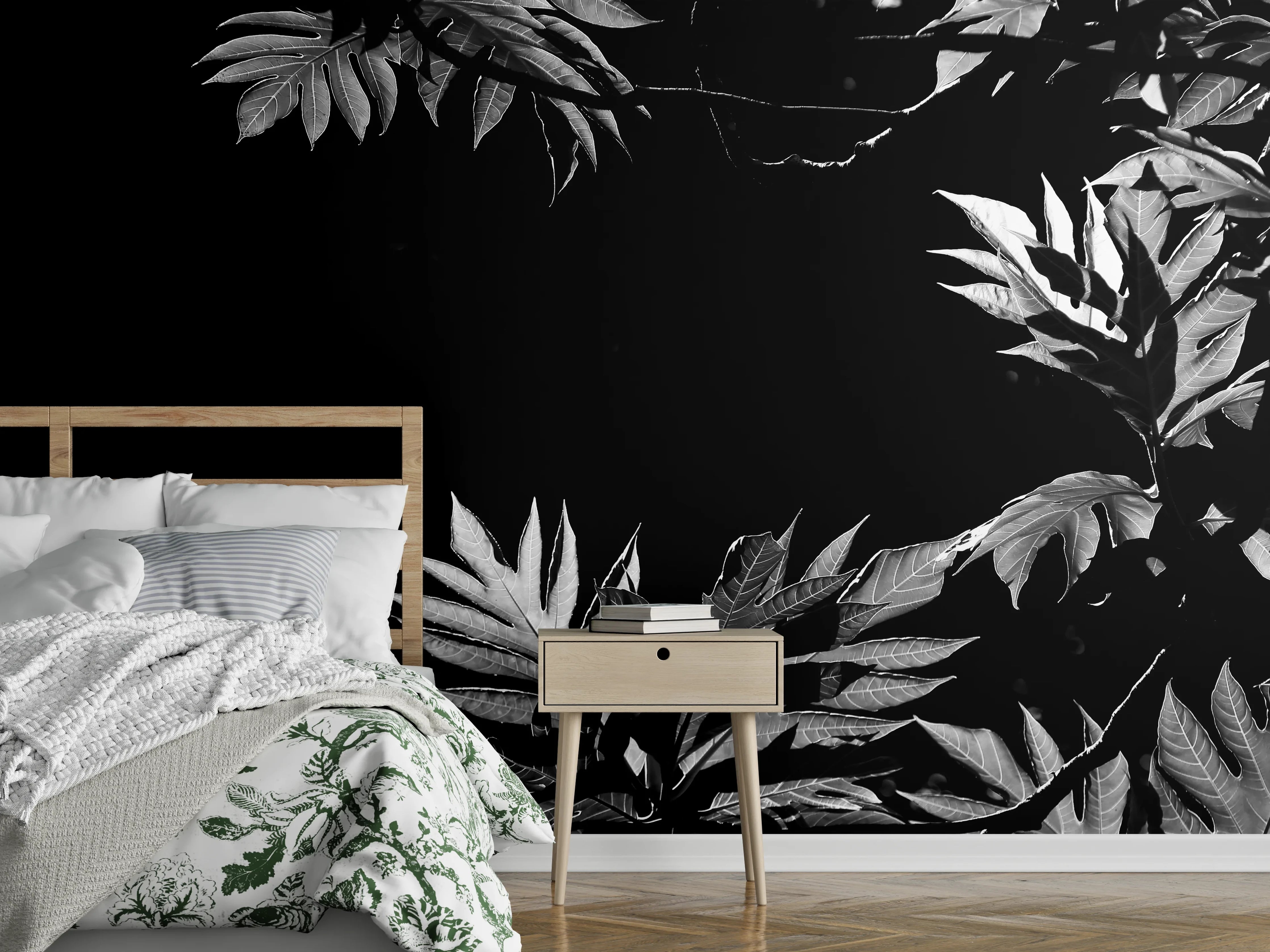 Wandverkleidung Schlafzimmer - Schwarz-Weiß Blättermuster Wandbild